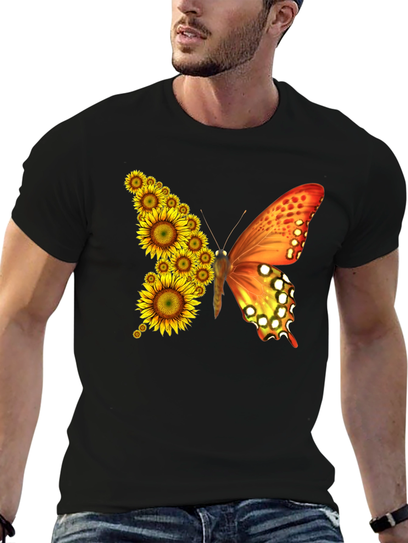 Sunflower Butterfly Graphic Tee - Black Cotton Blend Shirt - 6