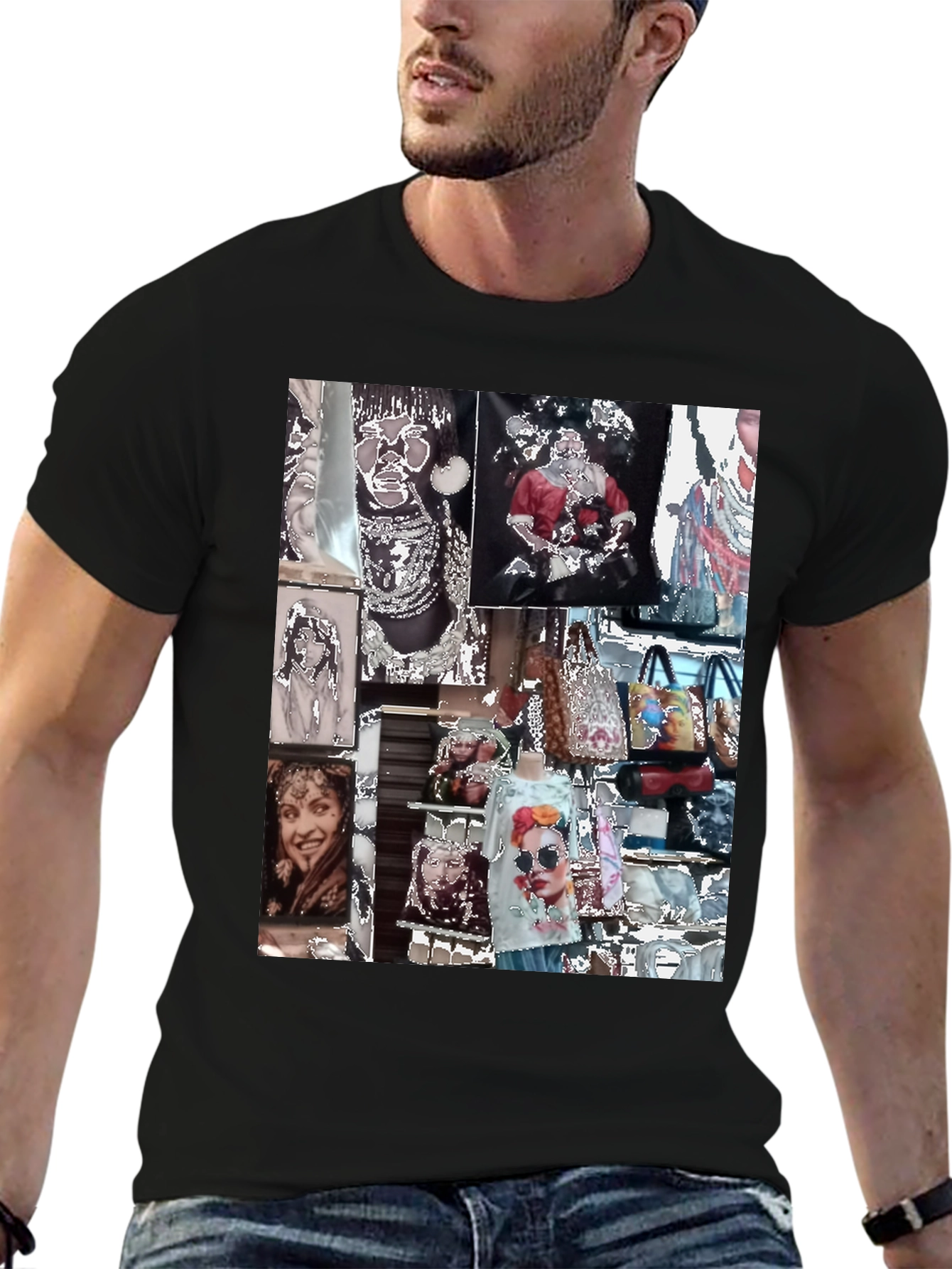Black Artistic Collage Graphic Black T-Shirt view 6