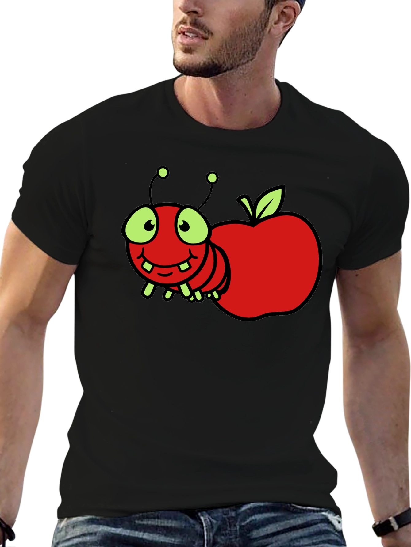 Black Cartoon Worm Apple T-Shirt view 6