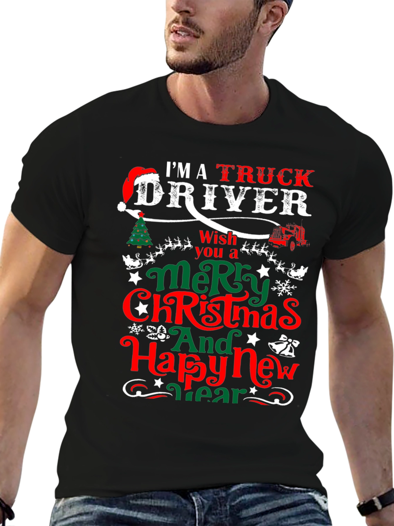 Black Truck Driver Christmas T-Shirt view 6