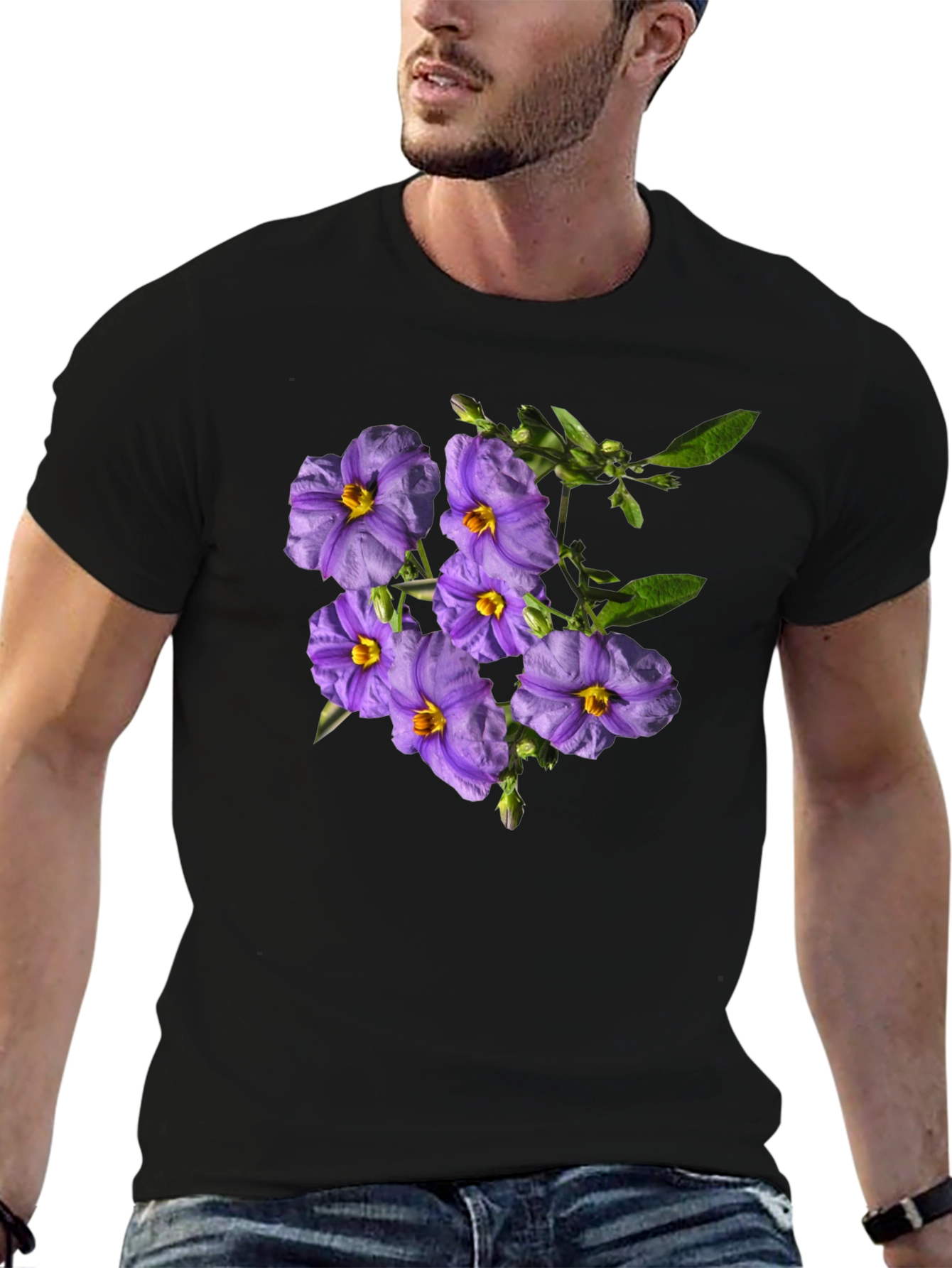 Black Floral Print Tee - Purple Flower Design view 6