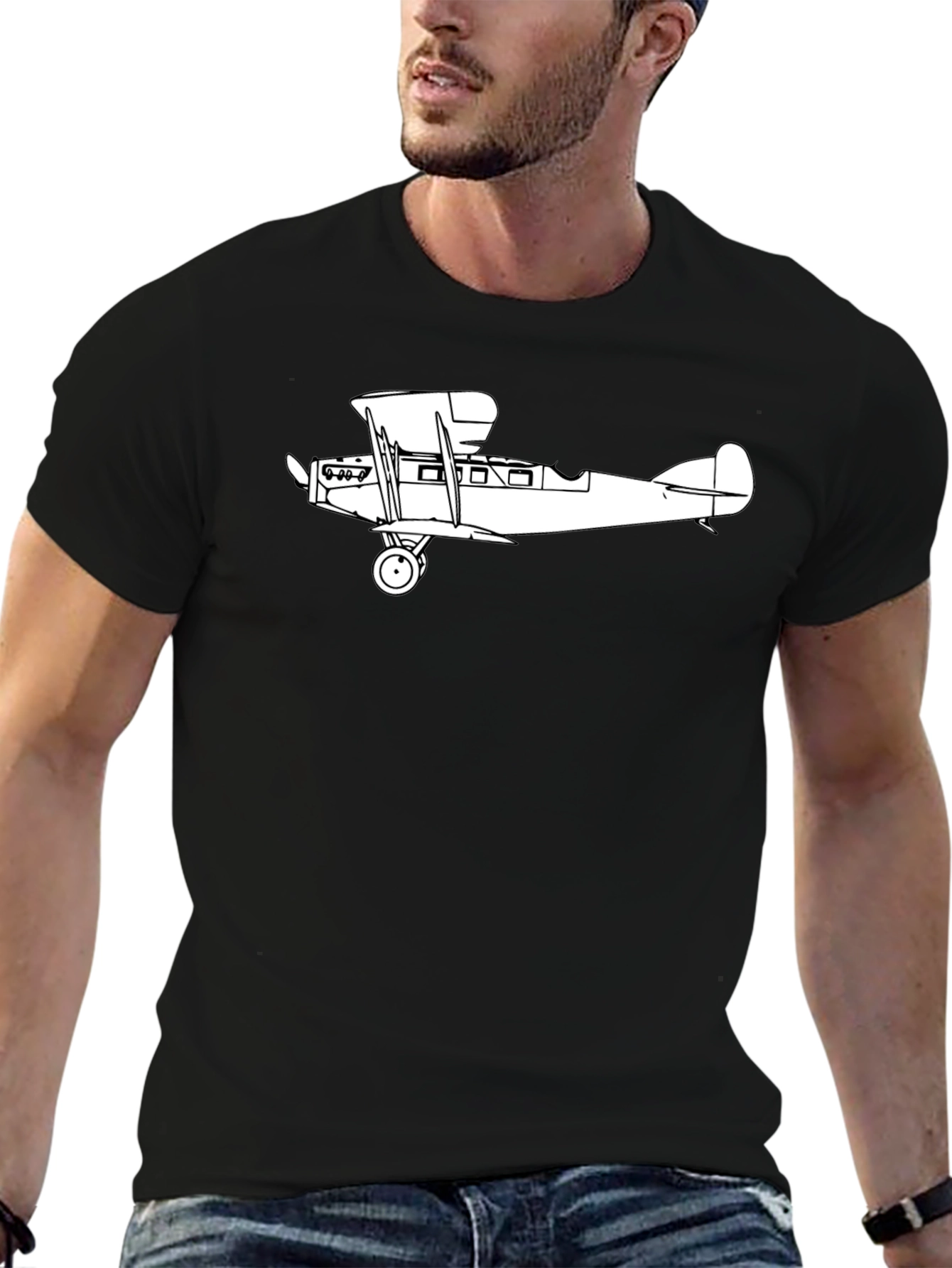 Black Vintage Biplane Graphic T-Shirt - Classic Aviation Style view 6