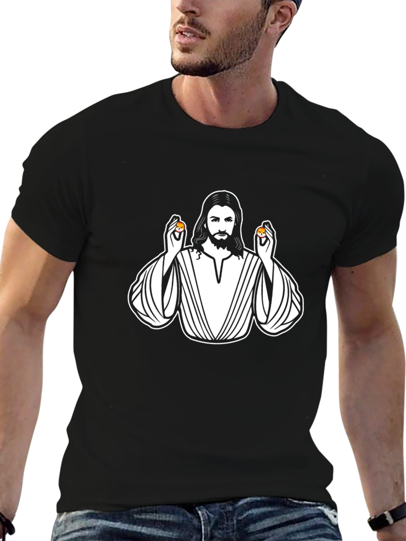 Black Jesus Holding Shiba Inu Coins Graphic T-Shirt view 6