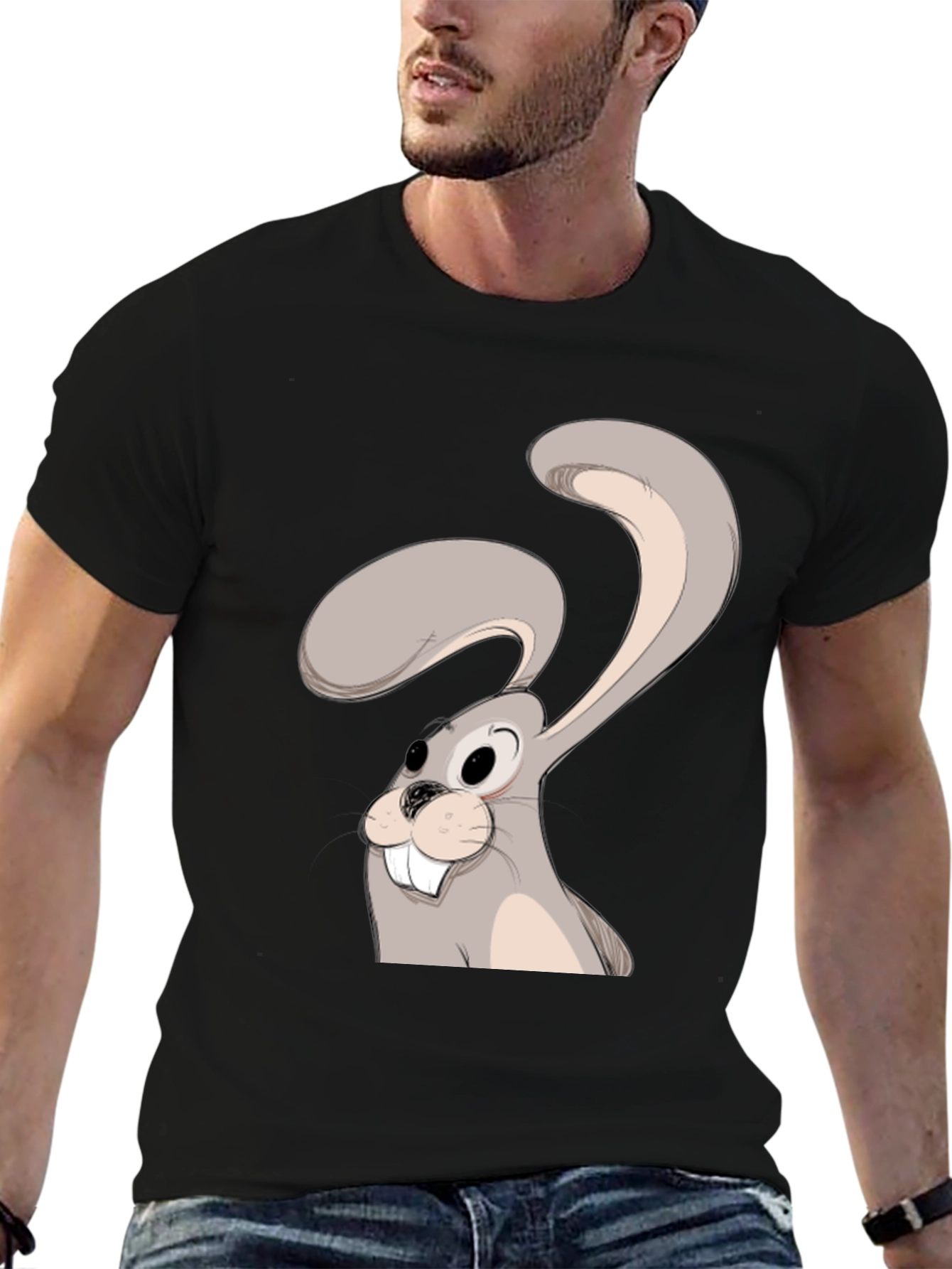 Black Cartoon Rabbit Graphic Tee - Black Cotton Blend view 6
