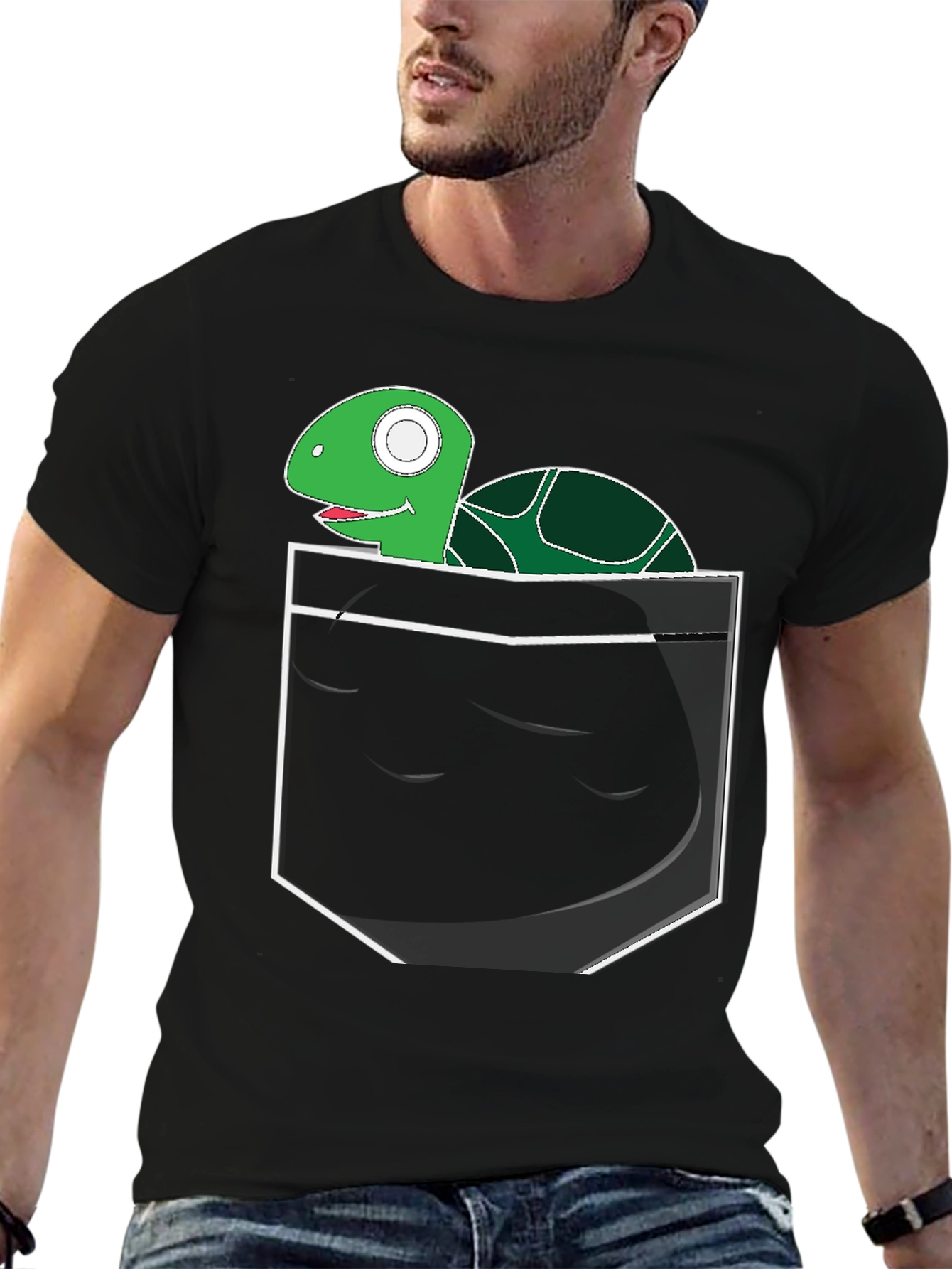 Black Turtle in Pocket Graphic Tee - Novelty Shirt view 6