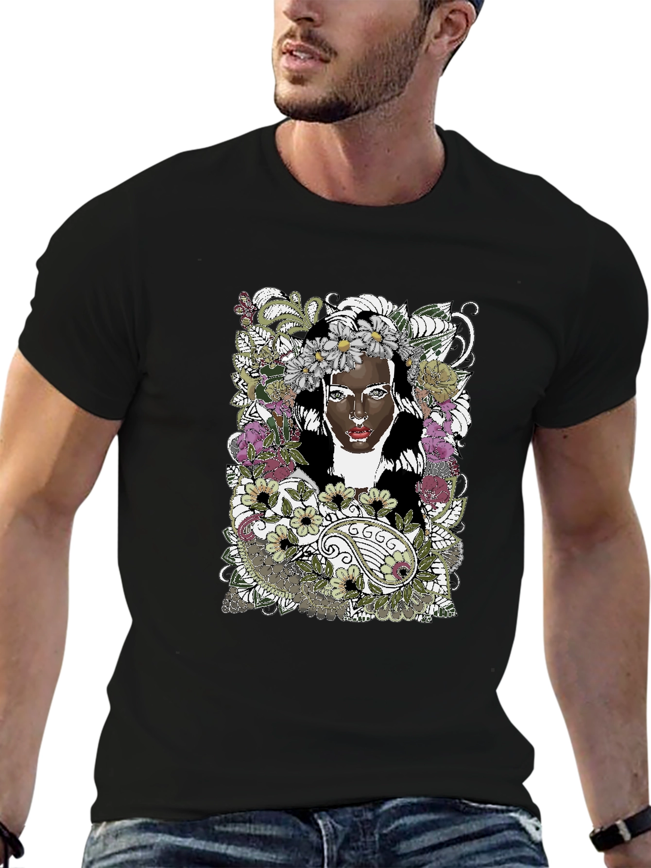 Black Floral Woman Graphic Tee - Black Unisex T-Shirt view 6
