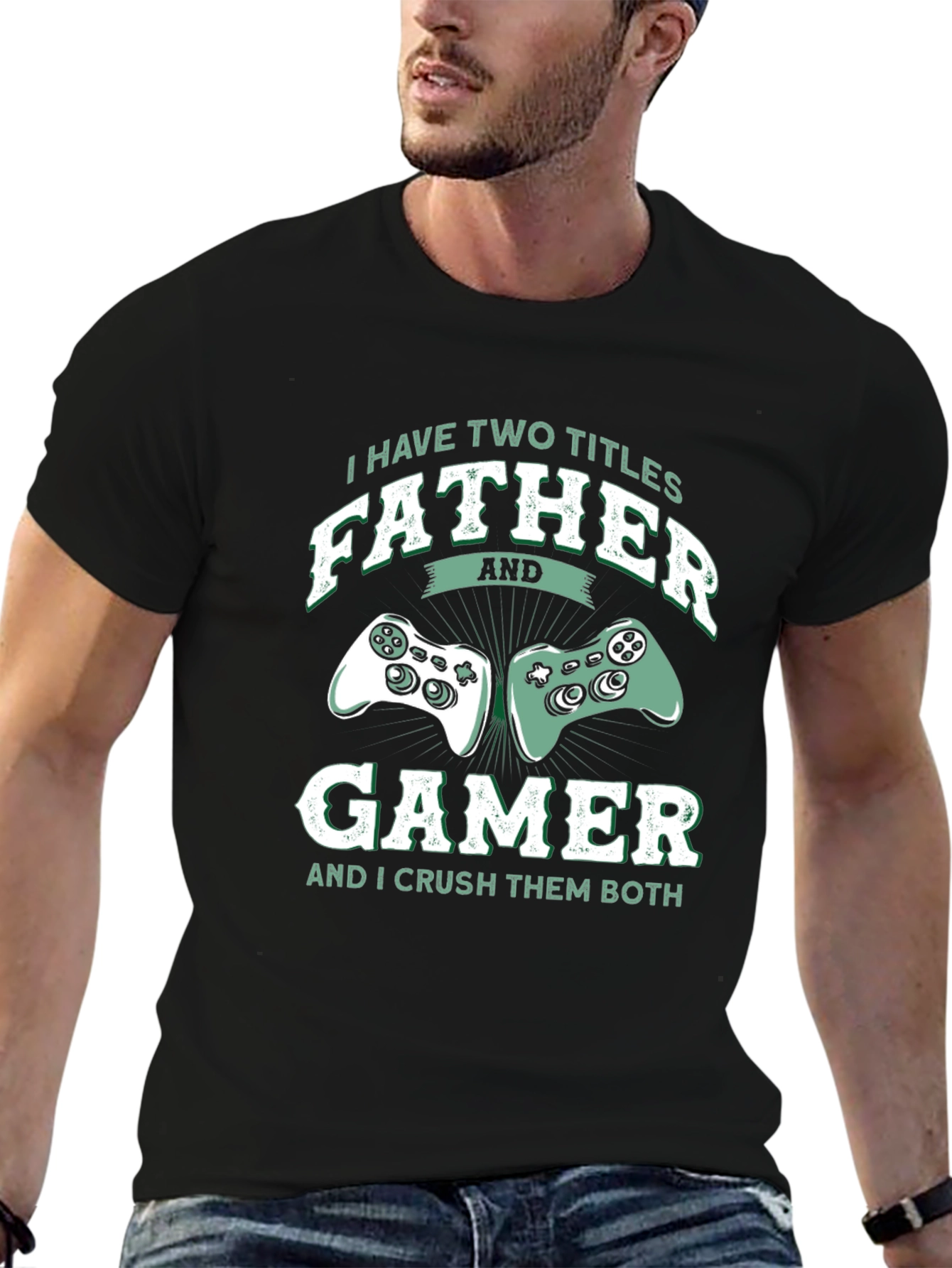 Black Father Gamer T-Shirt - Two Titles Crush Them Both view 6