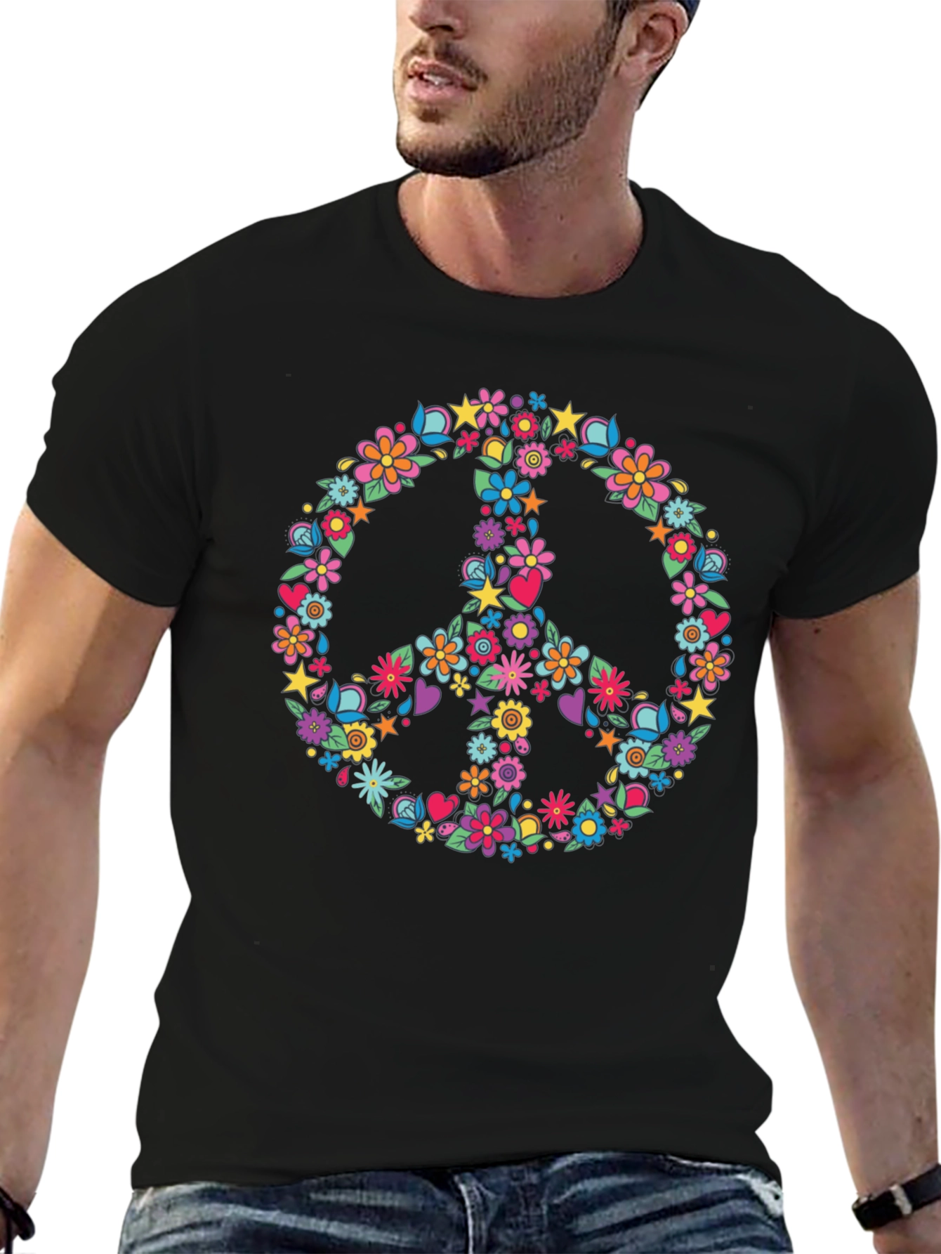 Black Floral Peace Sign Graphic T-Shirt view 6