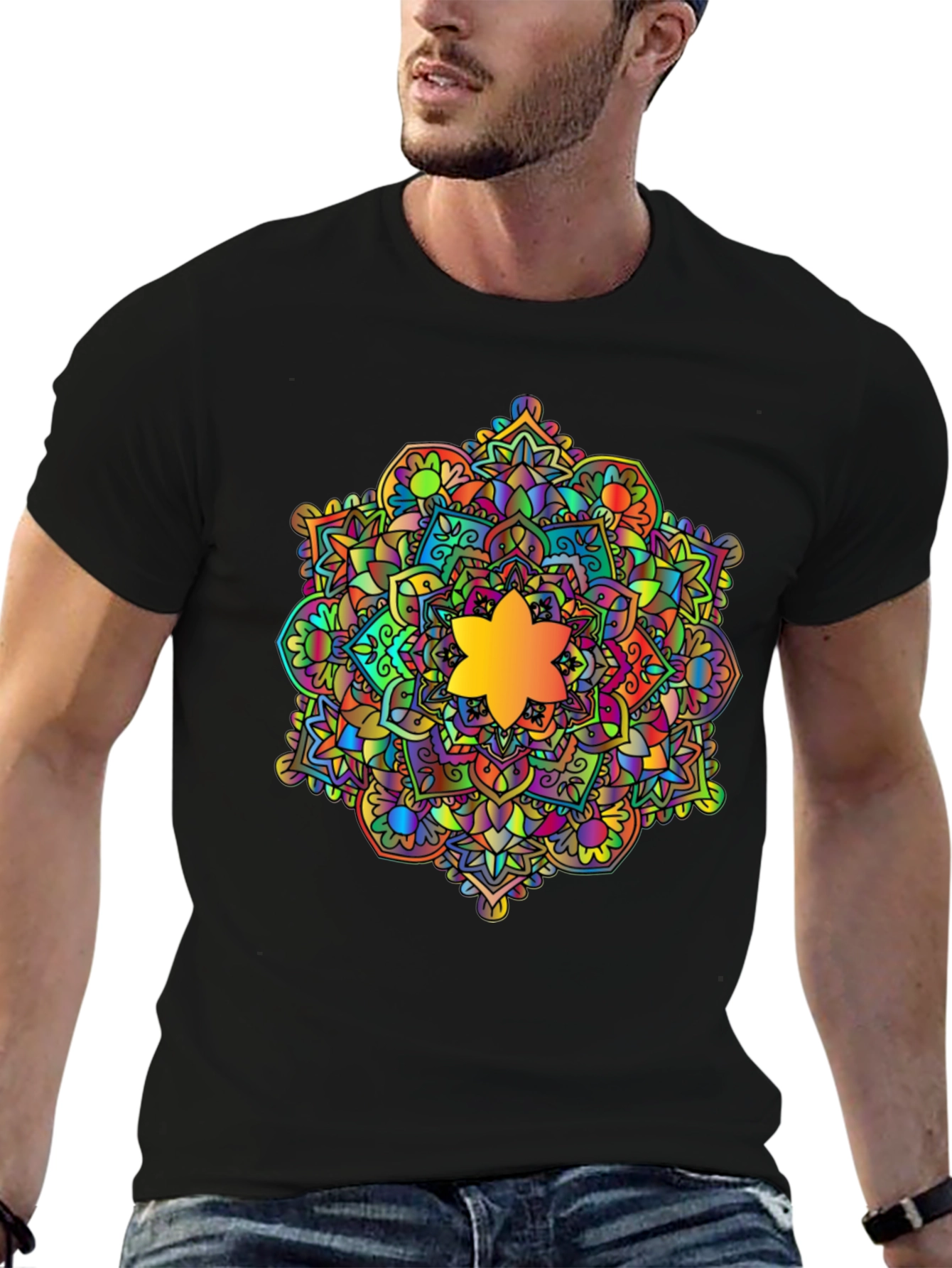 Black Vibrant Mandala Graphic Black T-Shirt view 6