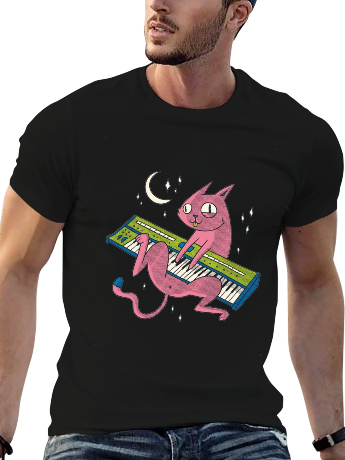 Black Funny Cat Playing Keyboard T-Shirt - Unique Graphic Tee view 6