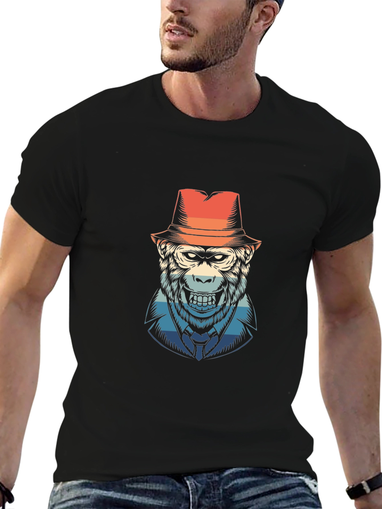 Black Gorilla Fedora Retro Graphic T-Shirt - Cool Ape Design view 6