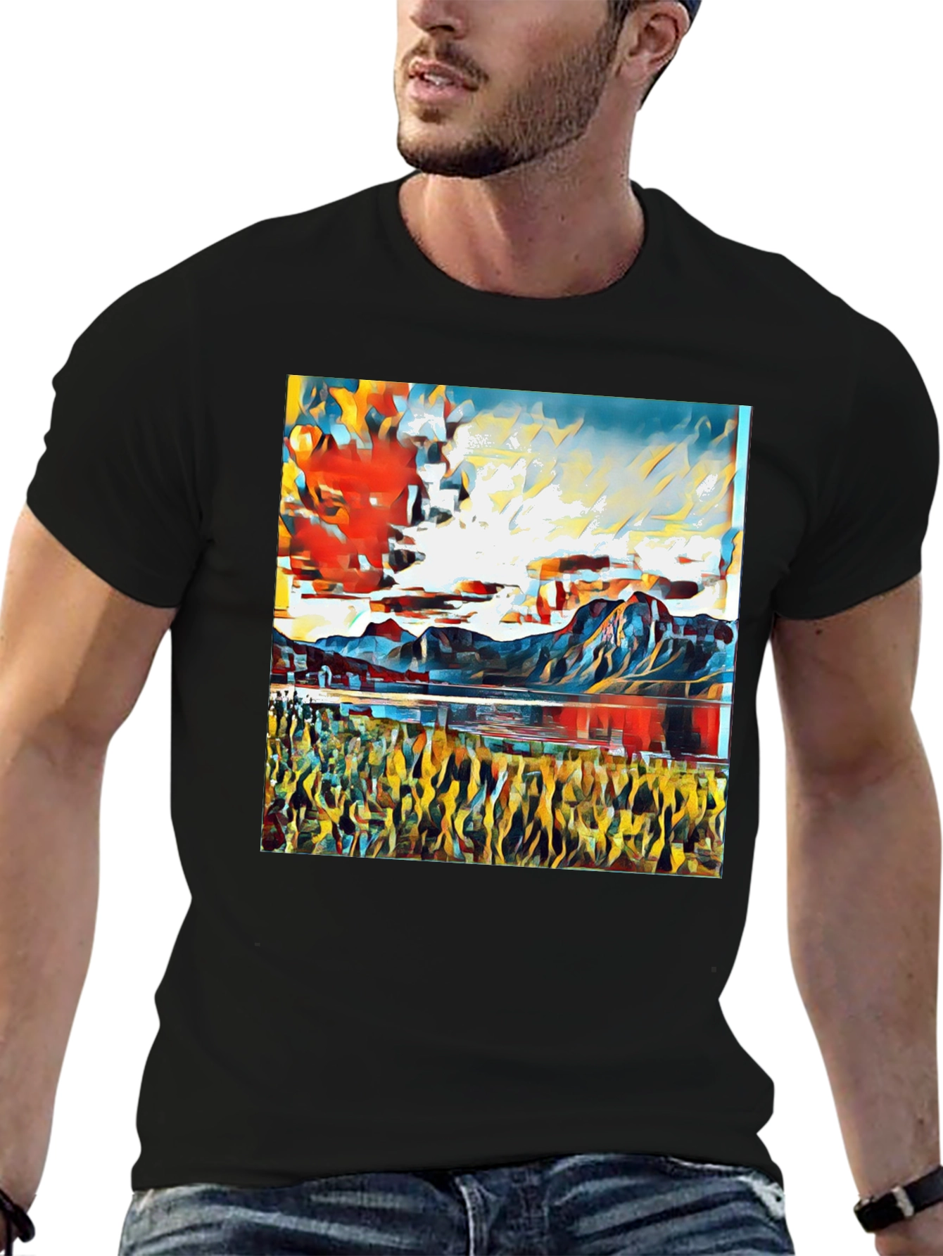 Black Abstract Landscape Graphic Tee - Stylish Art Shirt view 6