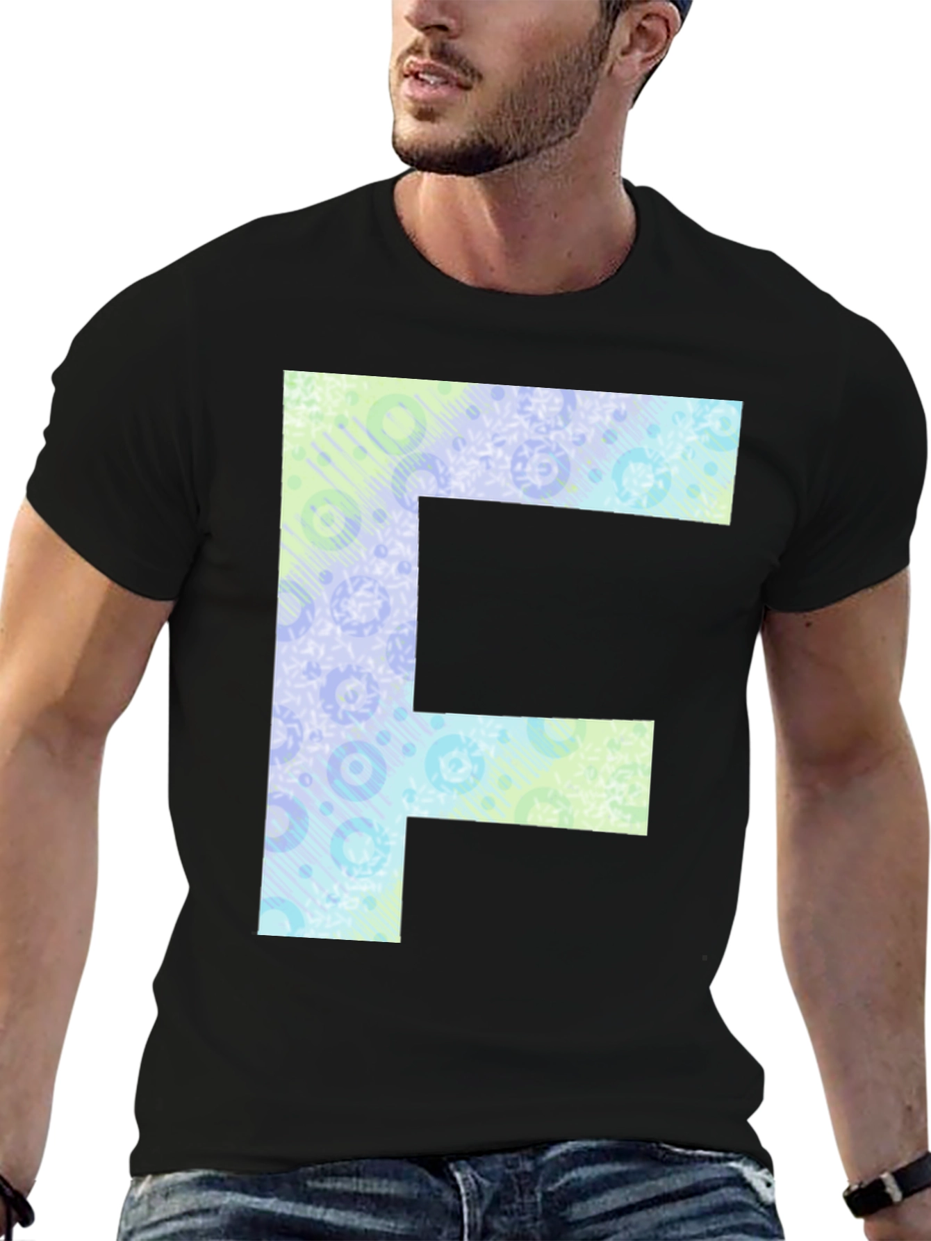 Black Letter F Patterned Tee - Black Cotton Casual Shirt view 6