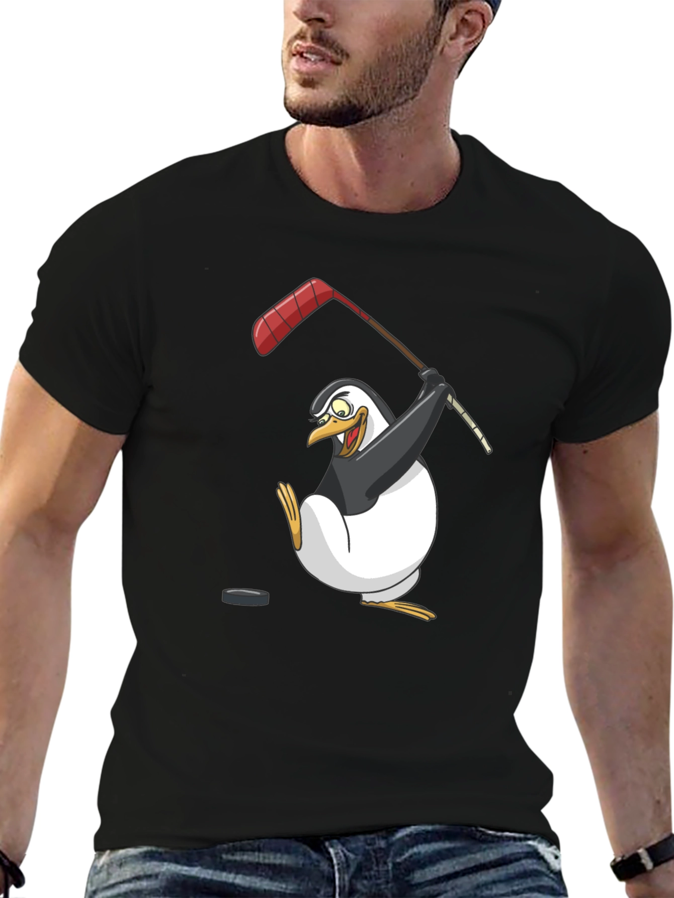 Black Penguin Hockey Player Graphic T-Shirt view 6