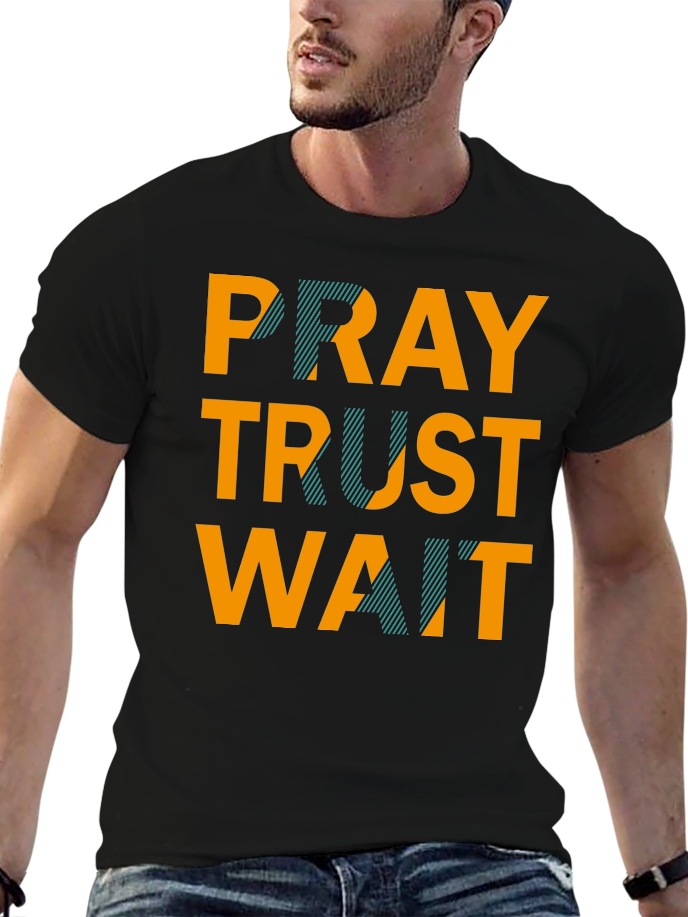 Black Pray Trust Wait Graphic Tee - Black Casual T-Shirt view 6