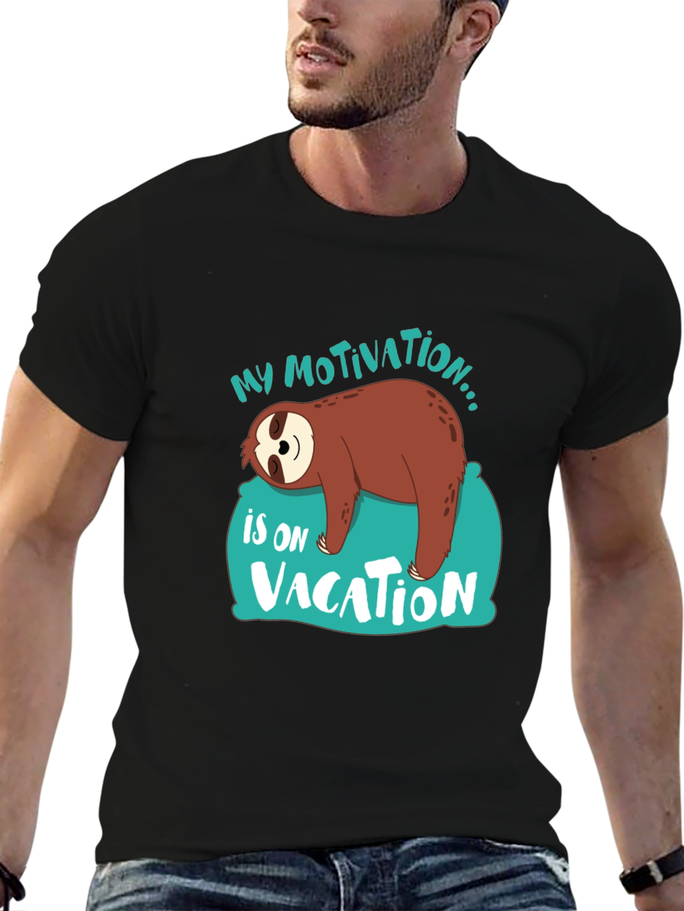 Black My Motivation is on Vacation Sloth Graphic T-Shirt view 6
