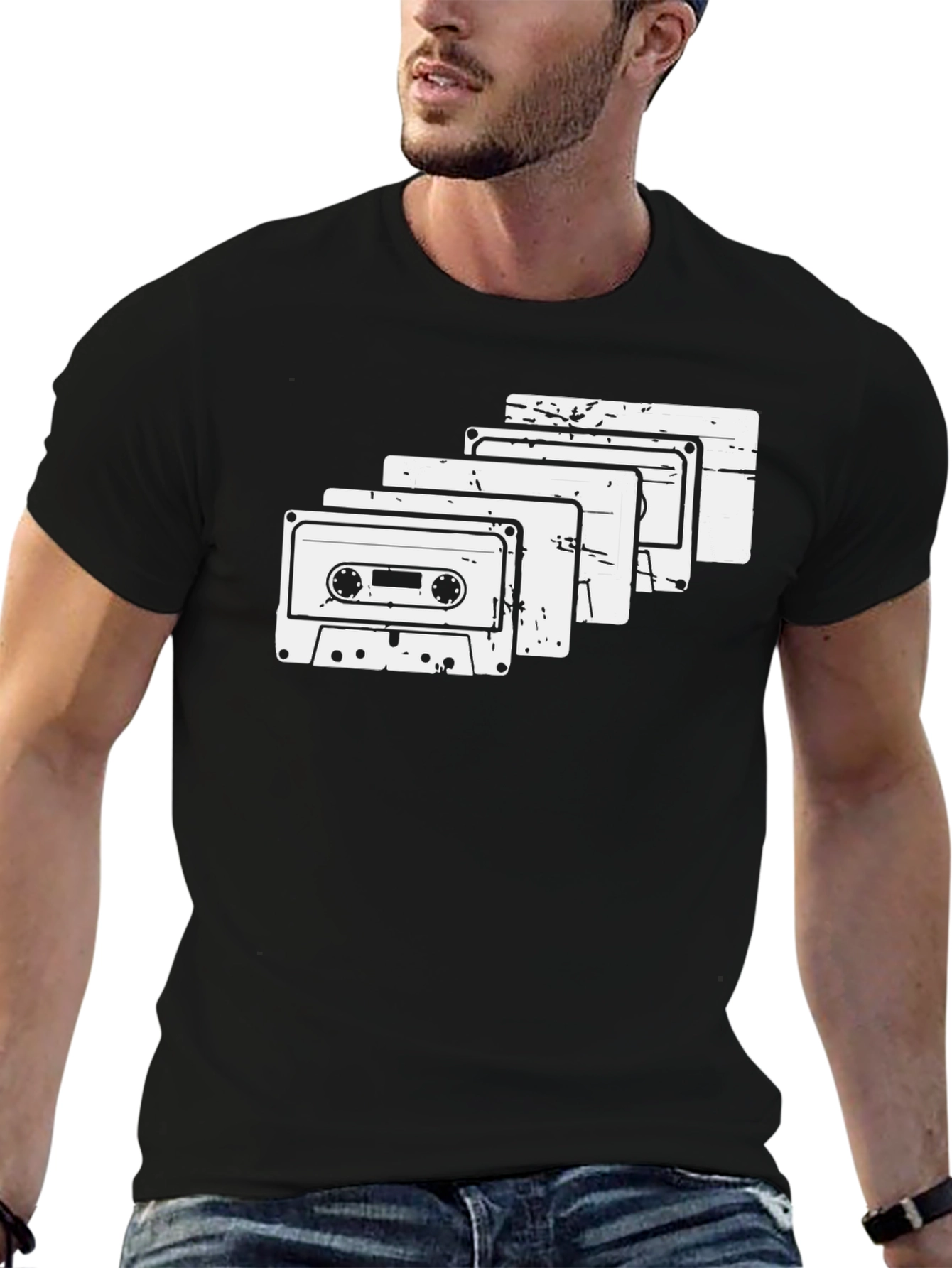 Black Retro Cassette Tape Graphic Tee - Black Cotton T-Shirt view 6