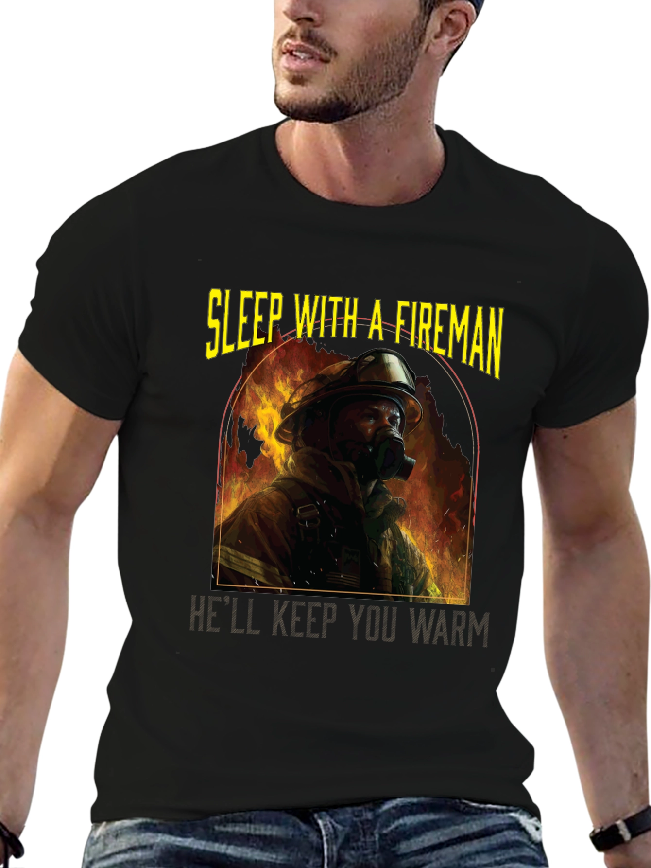 Black Fireman Graphic T-Shirt - Sleep With A Fireman view 6