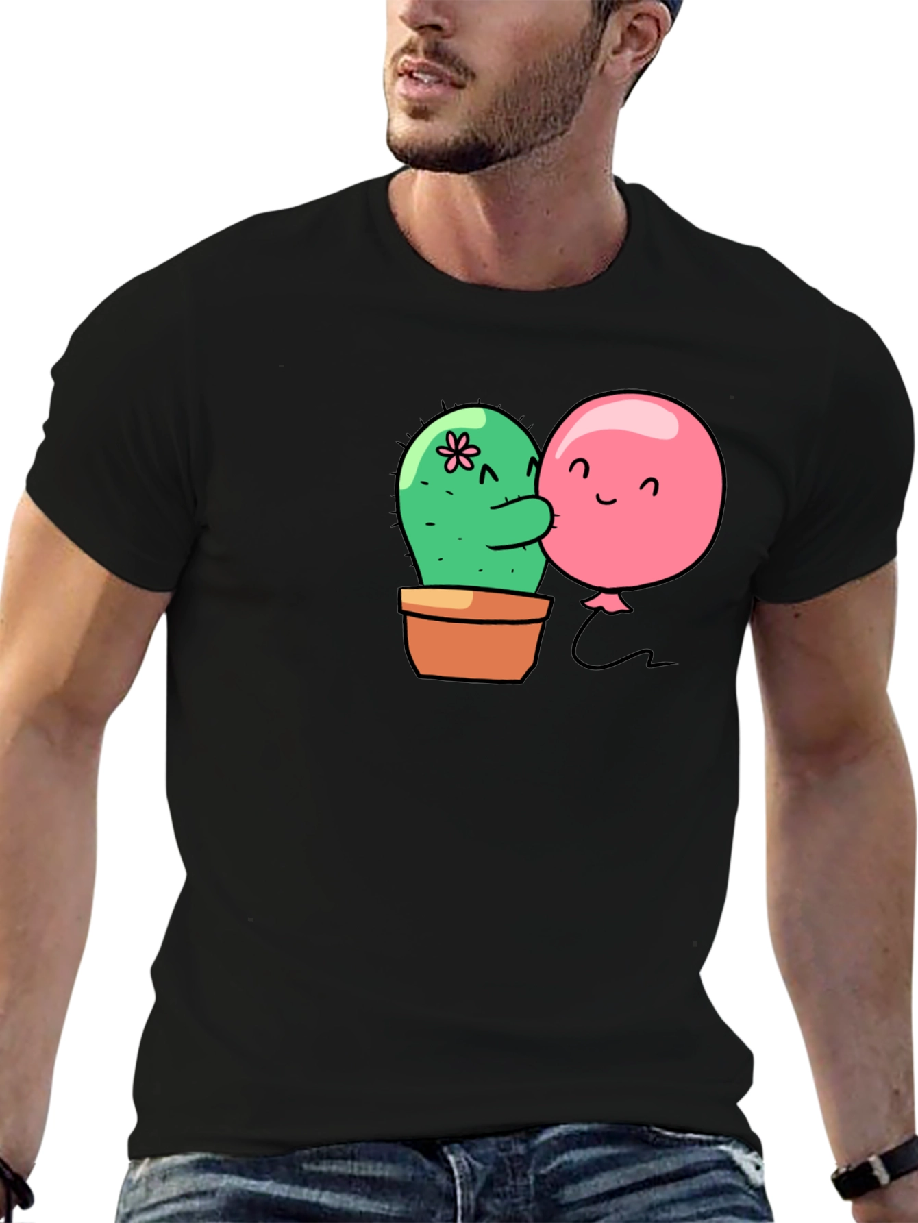 Black Cactus & Balloon Hug Black T-Shirt view 6