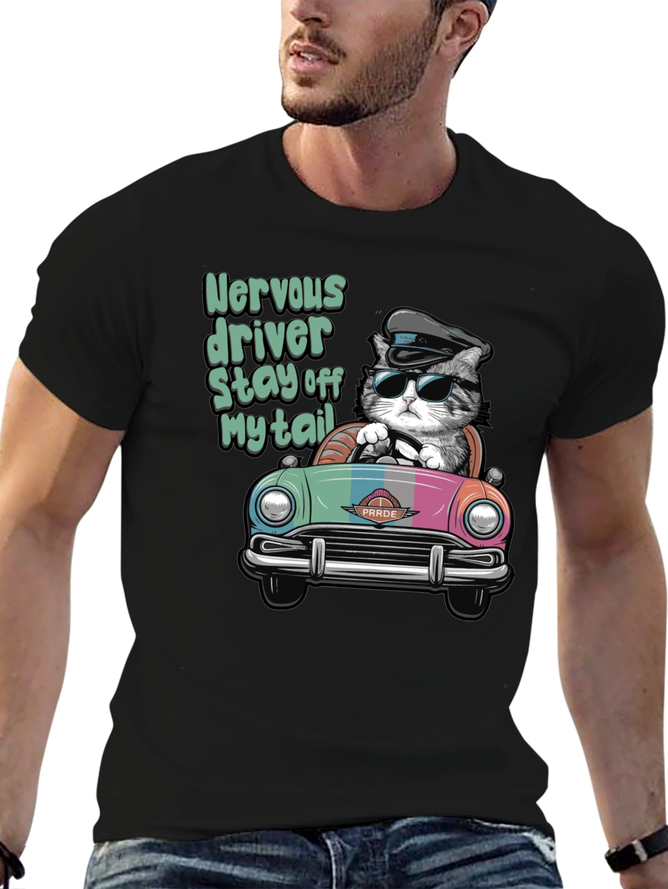 Black Nervous Driver Cat T-Shirt view 6