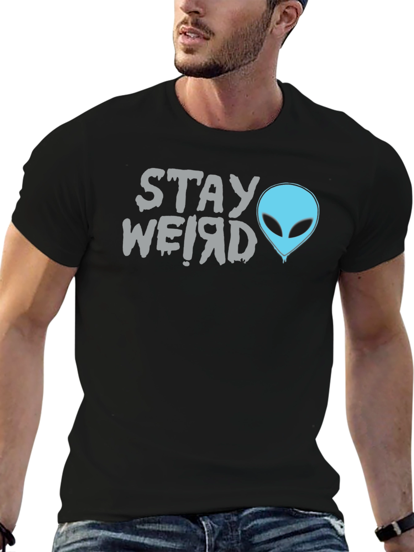 Black Stay Weird Alien Graphic Tee - Black Cotton T-Shirt view 6