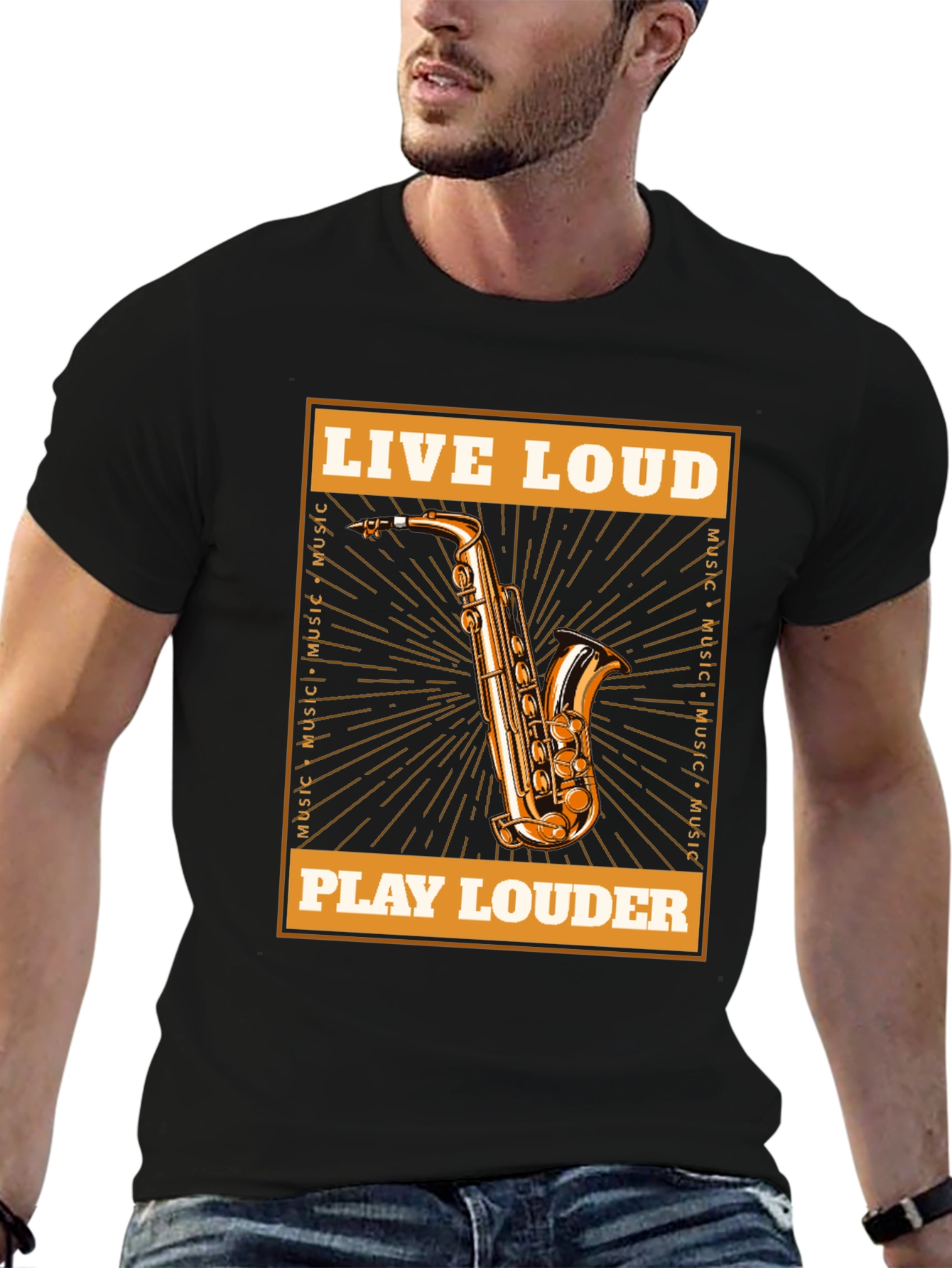 Black Live Loud Saxophone Graphic T-Shirt - Music Lover Tee view 6