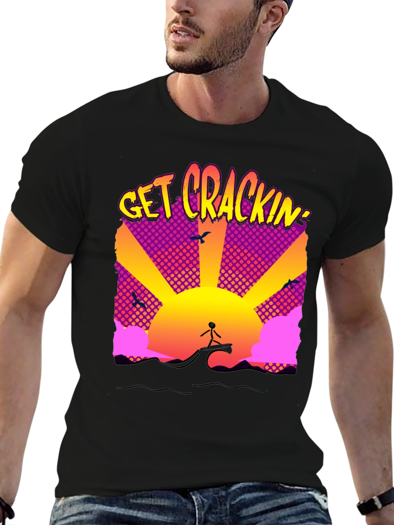 Black Get Crackin' Graphic T-Shirt - Surfing Sunrise view 6