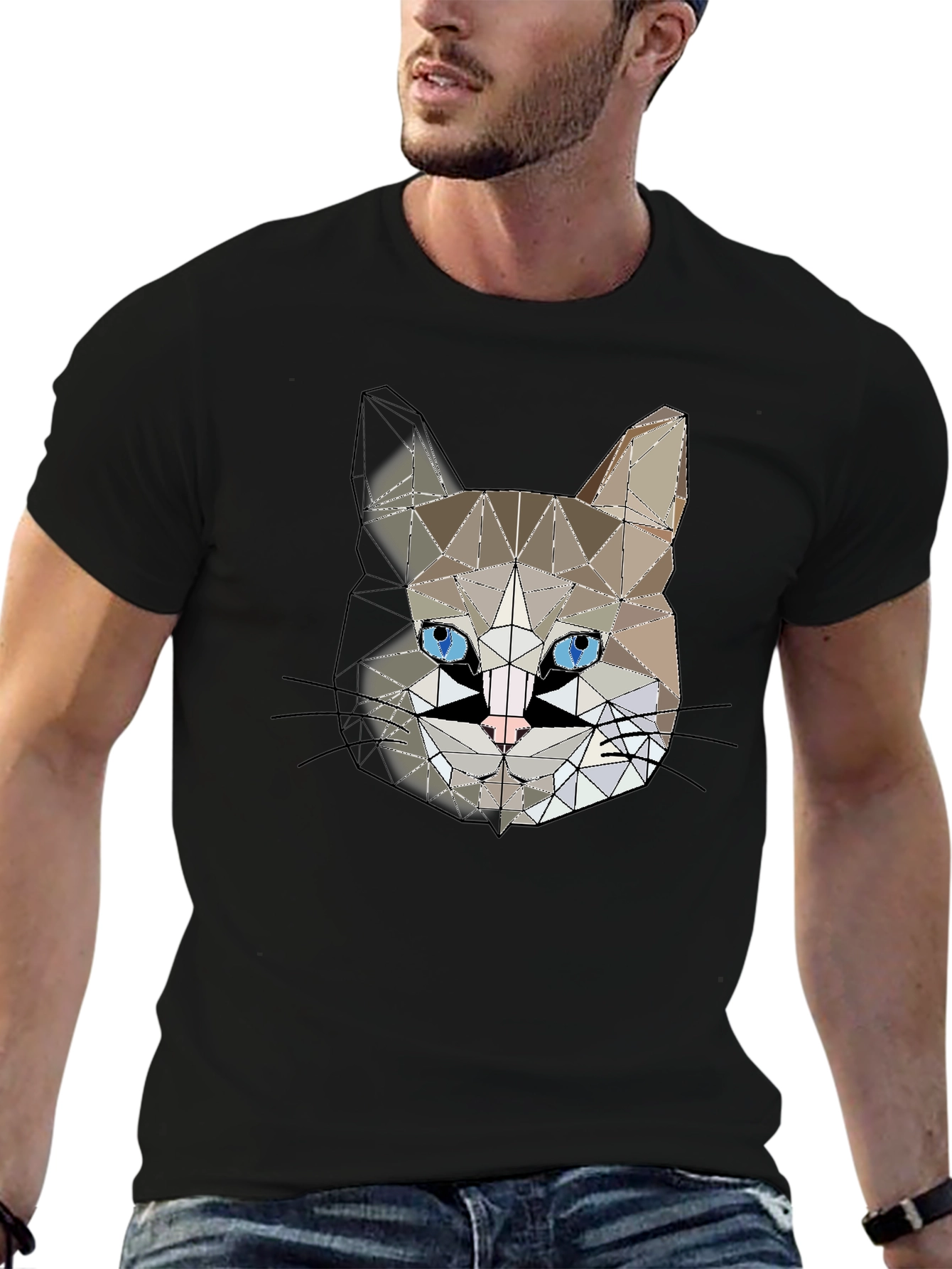 Black Geometric Cat Head Graphic Black T-Shirt view 6