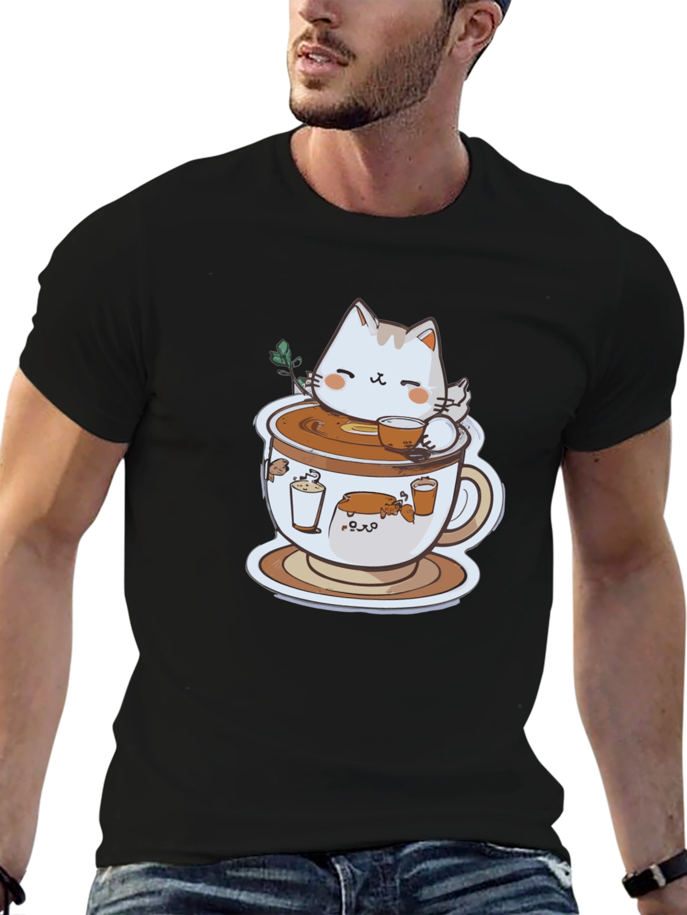 Black Cat in Coffee Cup Graphic Tee view 6