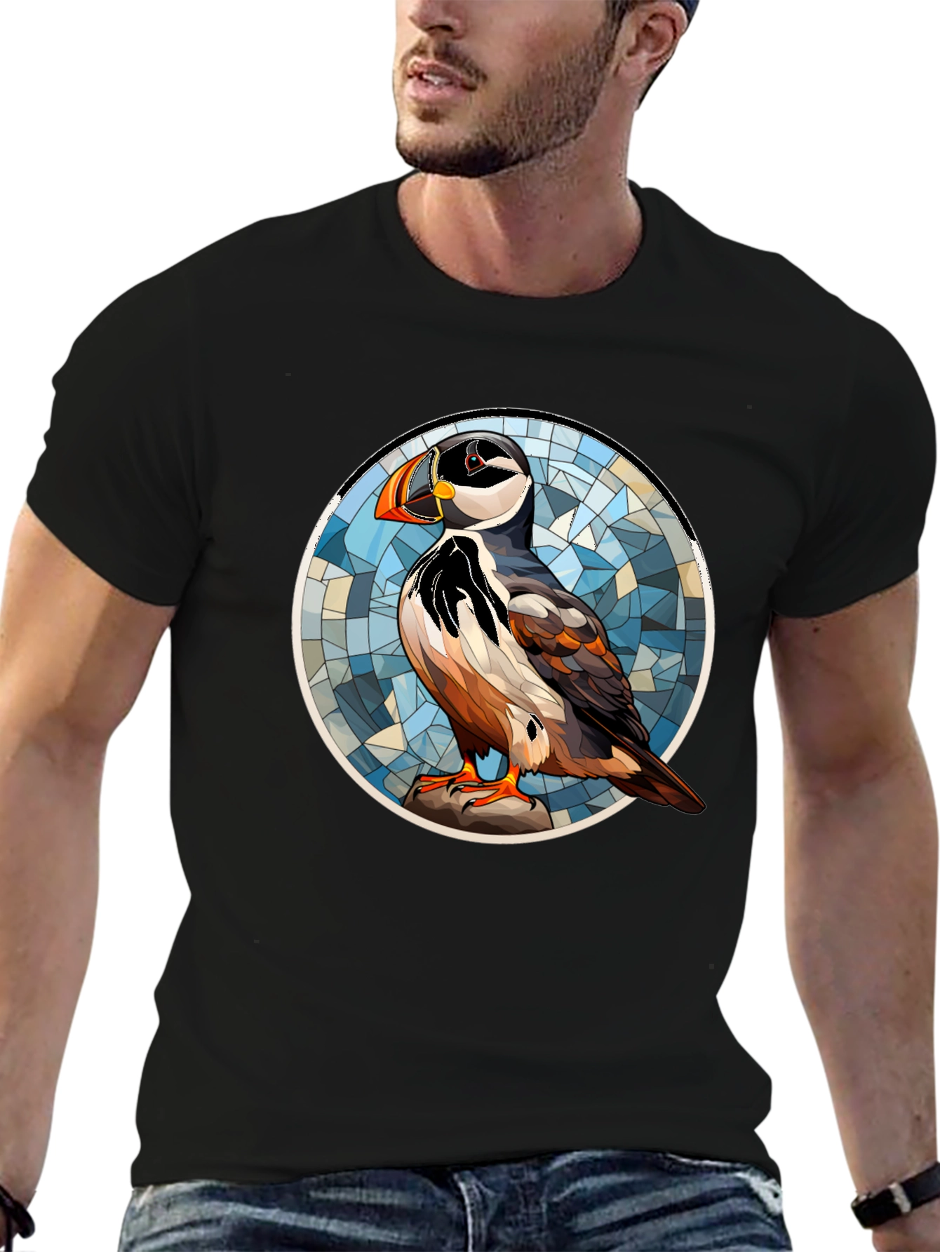 Black Puffin Art T-Shirt - Unique Bird Design view 6