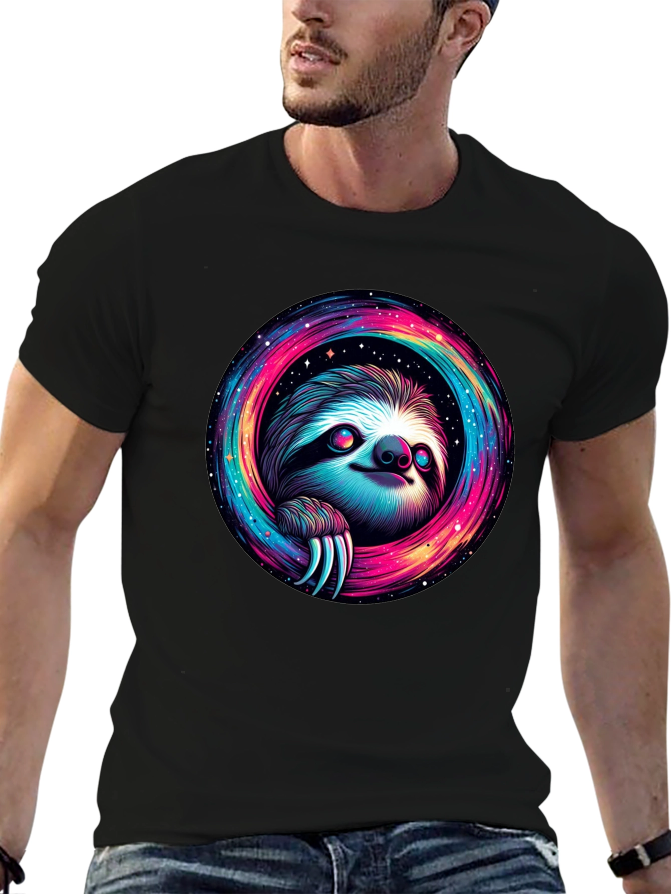 Black Cosmic Sloth Graphic Tee - Unisex Black T-Shirt view 6