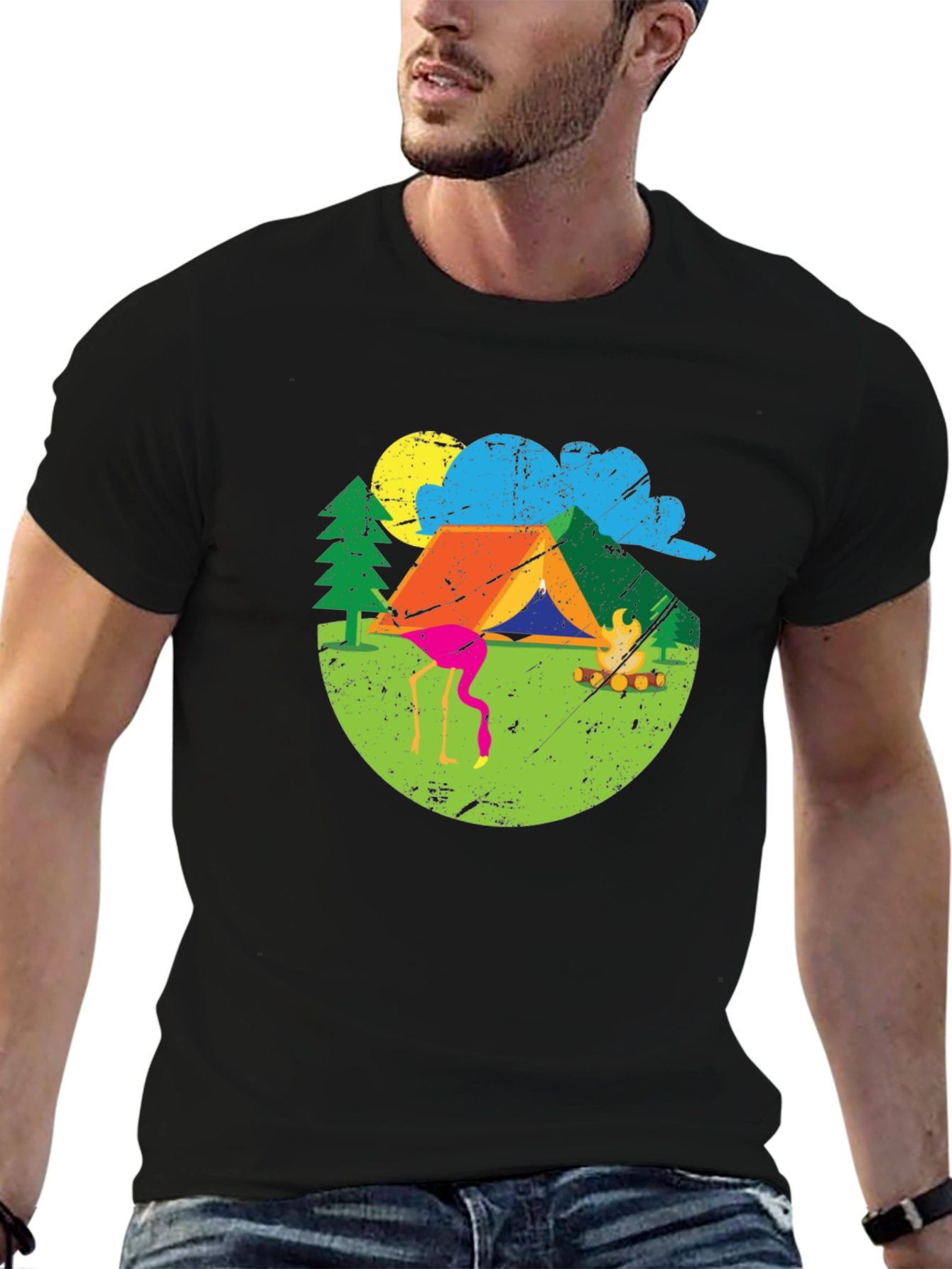 Black Camping Flamingo Graphic Tee - Black view 6