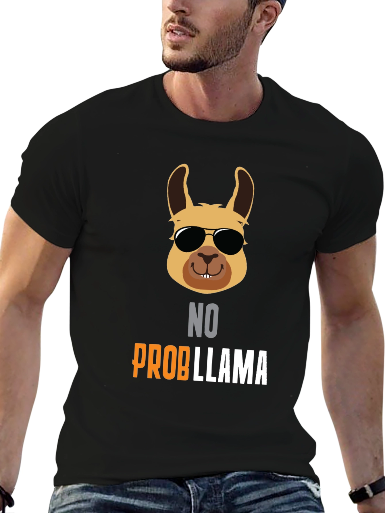 Black No Probllama T-Shirt - Cool Llama with Shades view 6