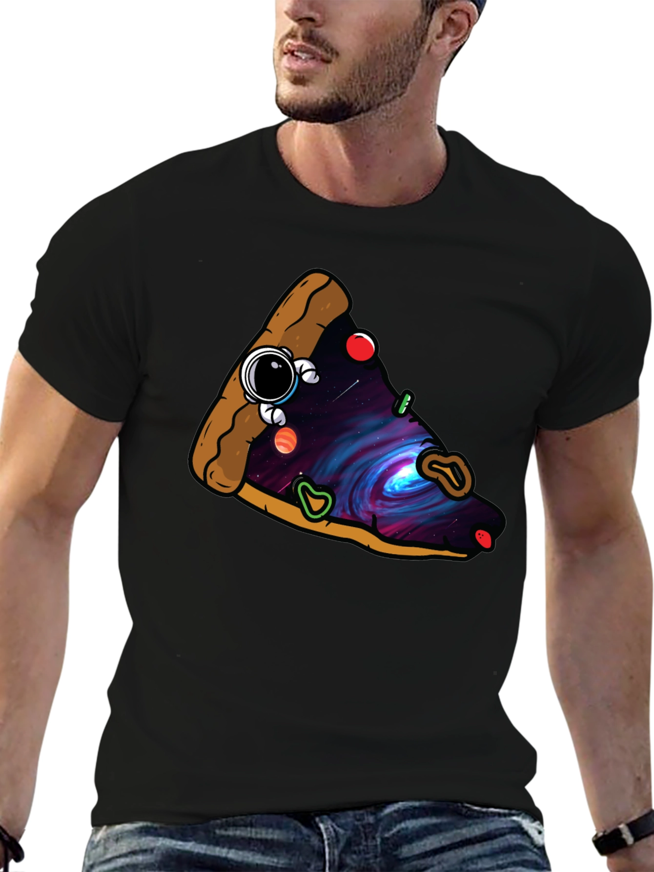 Black Cosmic Pizza Slice Graphic Tee - Unique Design view 6