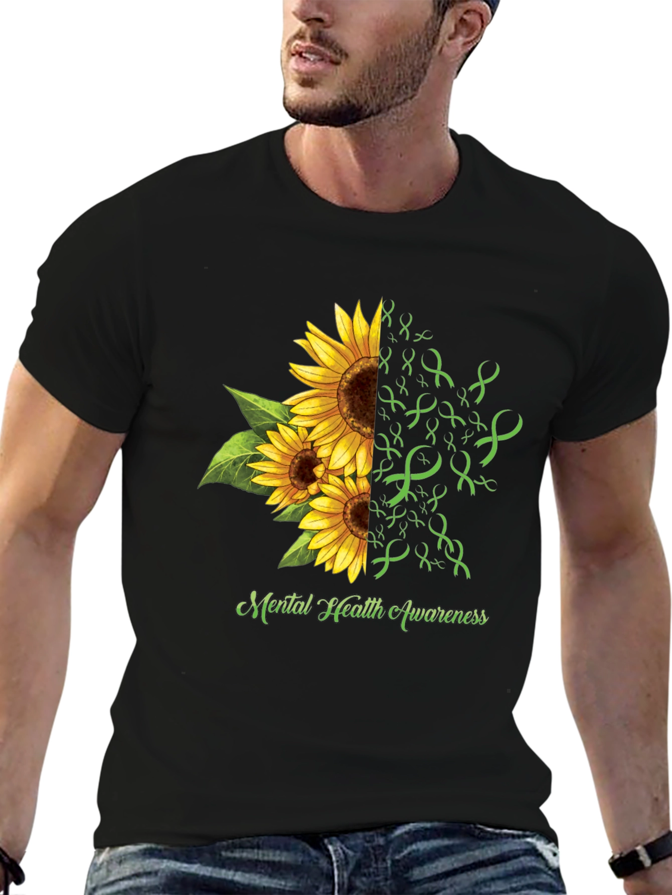 Black Mental Health Awareness Sunflower Ribbon T-Shirt view 6