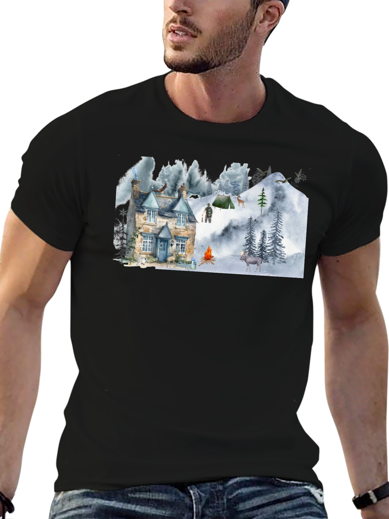 Black Cozy Cabin Mountain Scene Graphic T-Shirt view 6