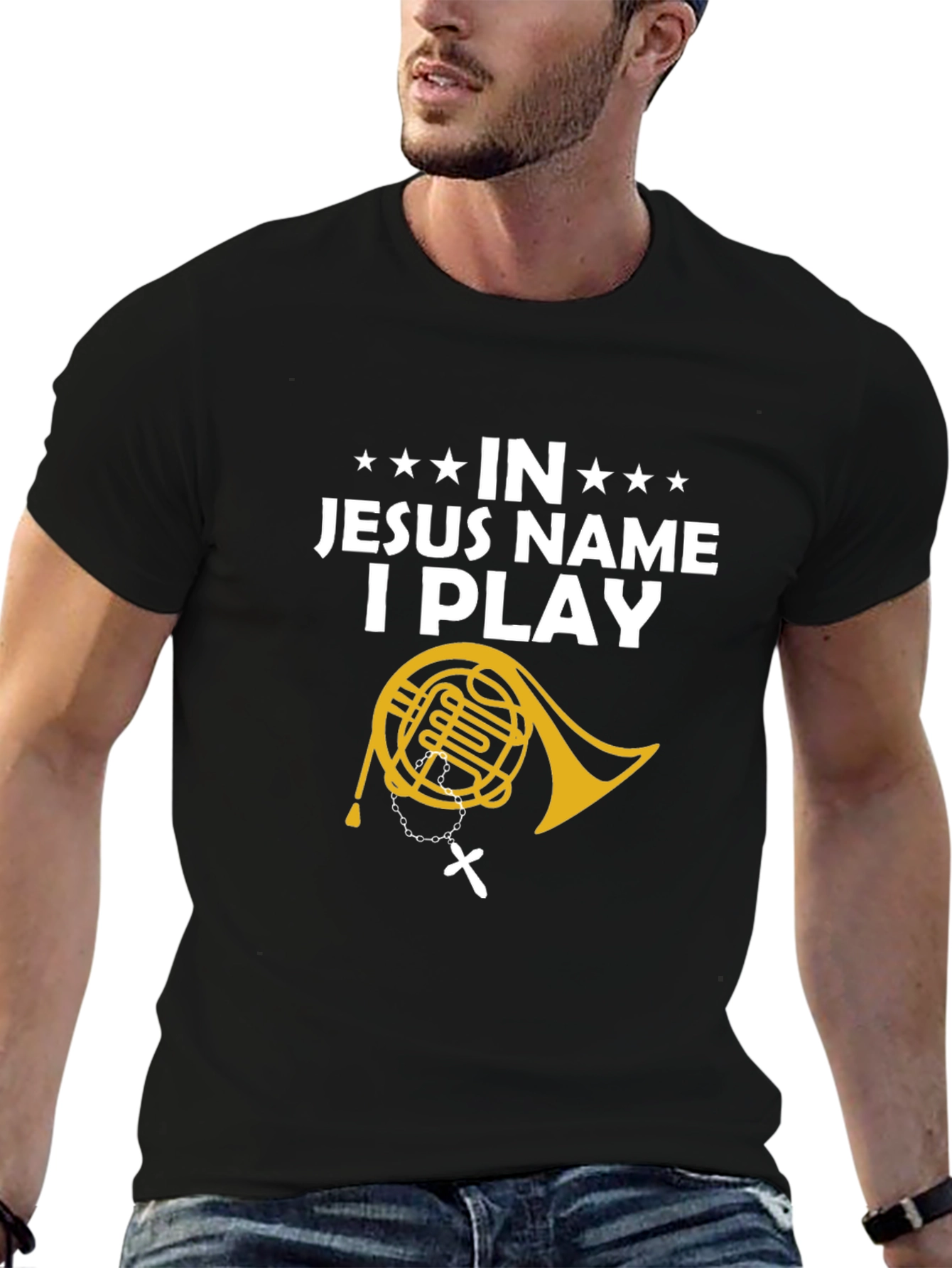 Black In Jesus Name I Play T-Shirt Religious Music Horn Tee view 6