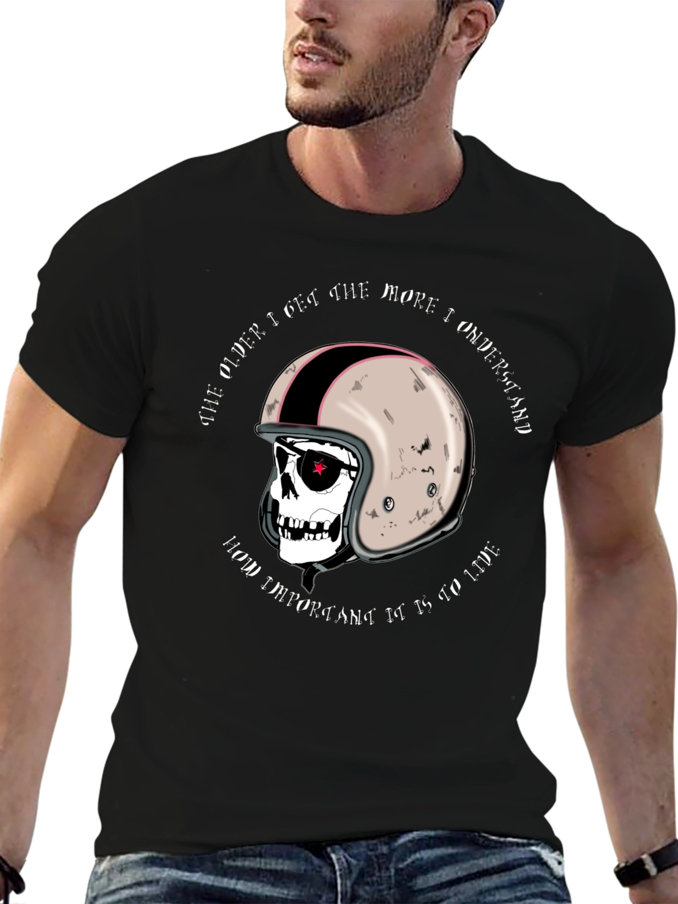 Black Skull & Helmet Graphic Tee - Live to Ride view 6