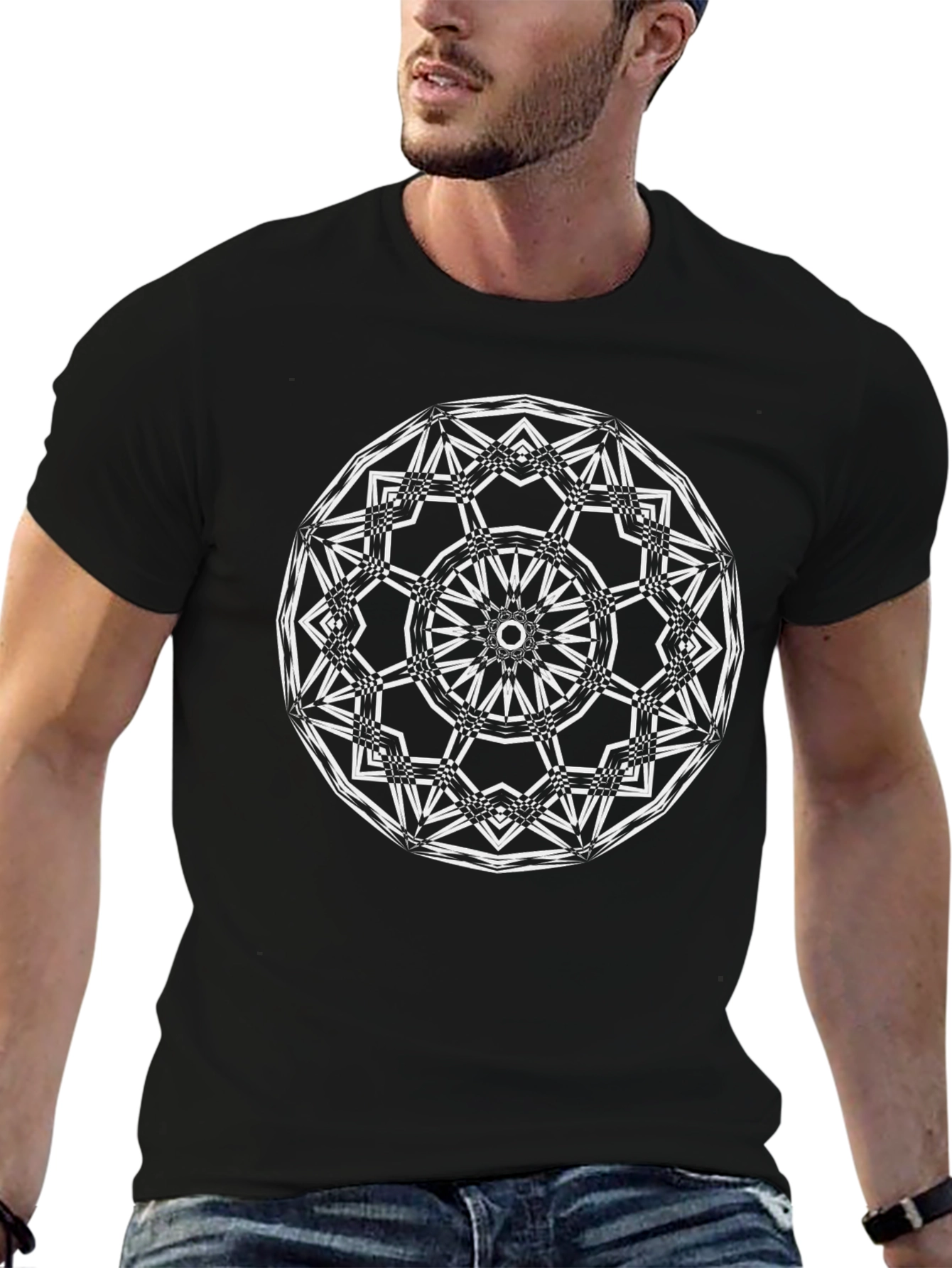Black Abstract Mandala Graphic Black T-Shirt view 6