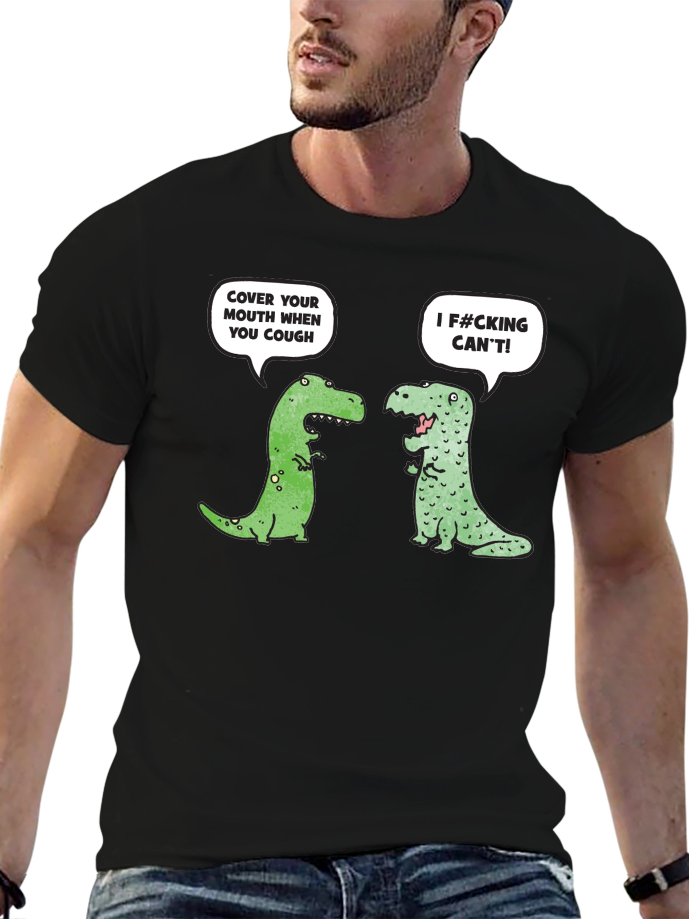 Black Funny Dinosaur Cough Cover T-Shirt view 6