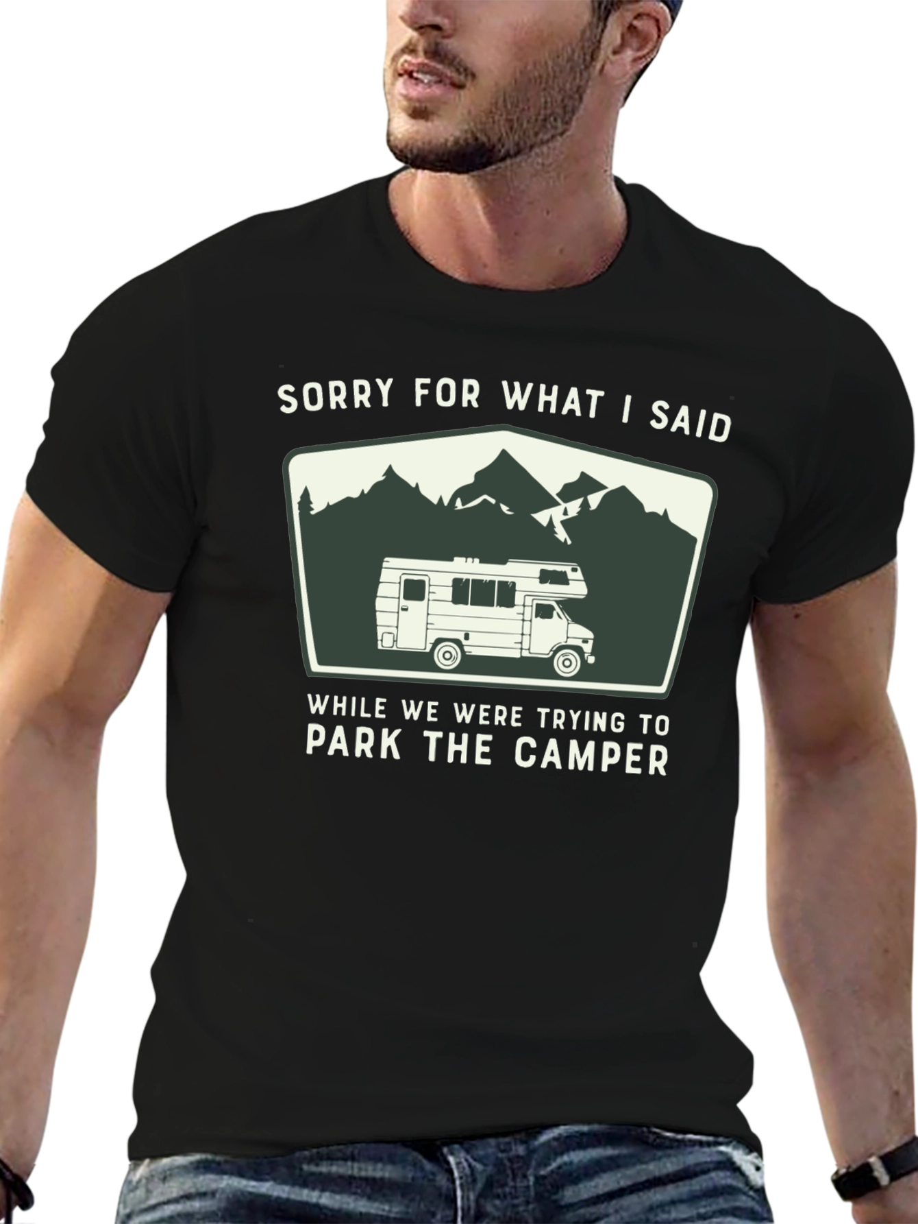 Black Sorry For What I Said Camper T-Shirt view 6