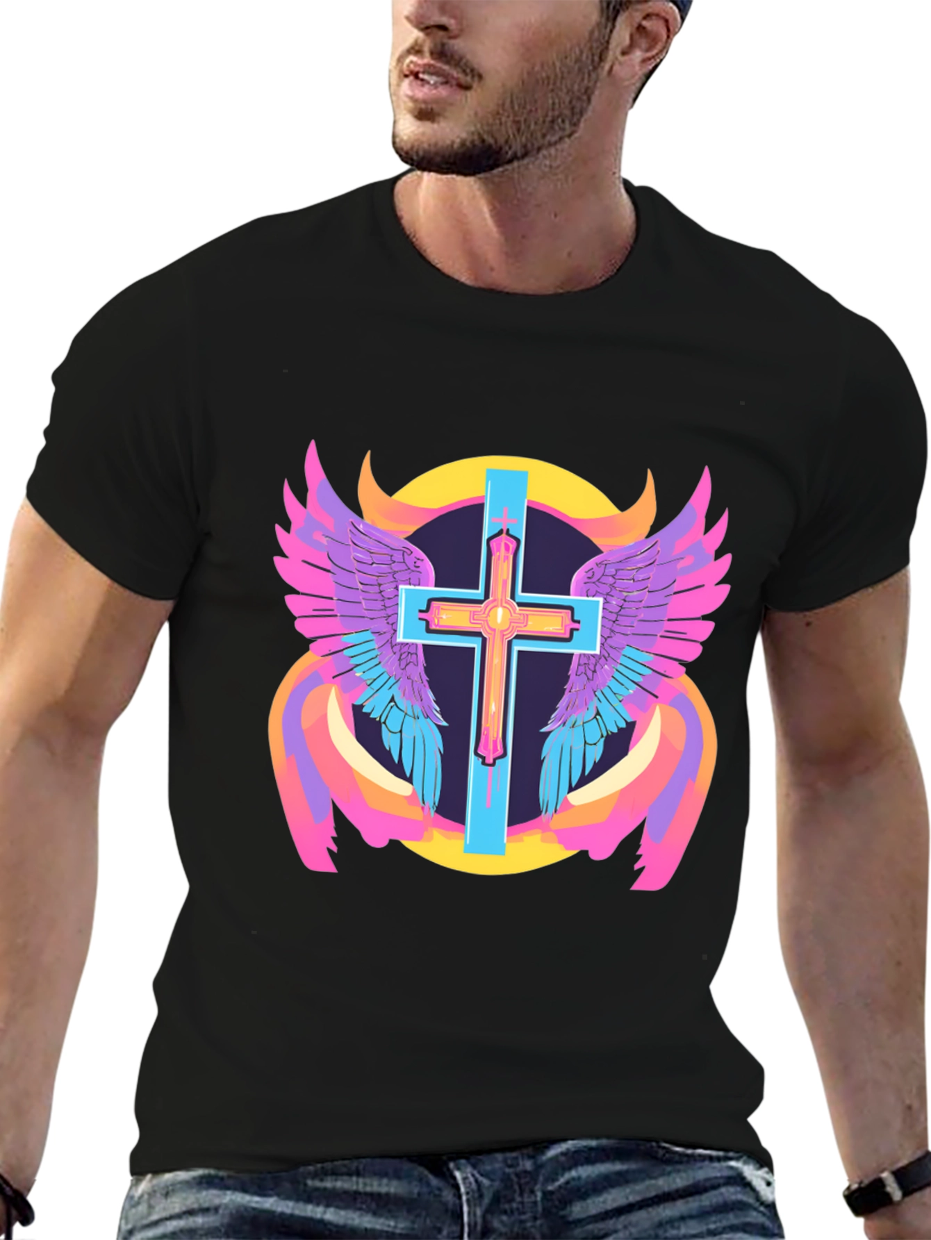 Black Winged Cross Graphic Tee - Black Cotton Blend view 6