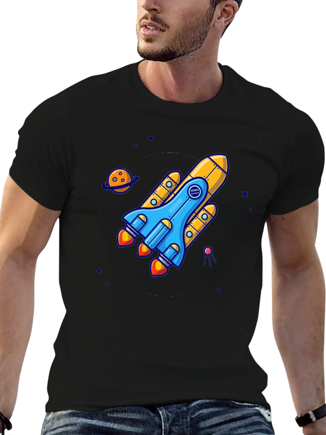 Black Rocket Ship Graphic Tee - Black Cotton T-Shirt view 6