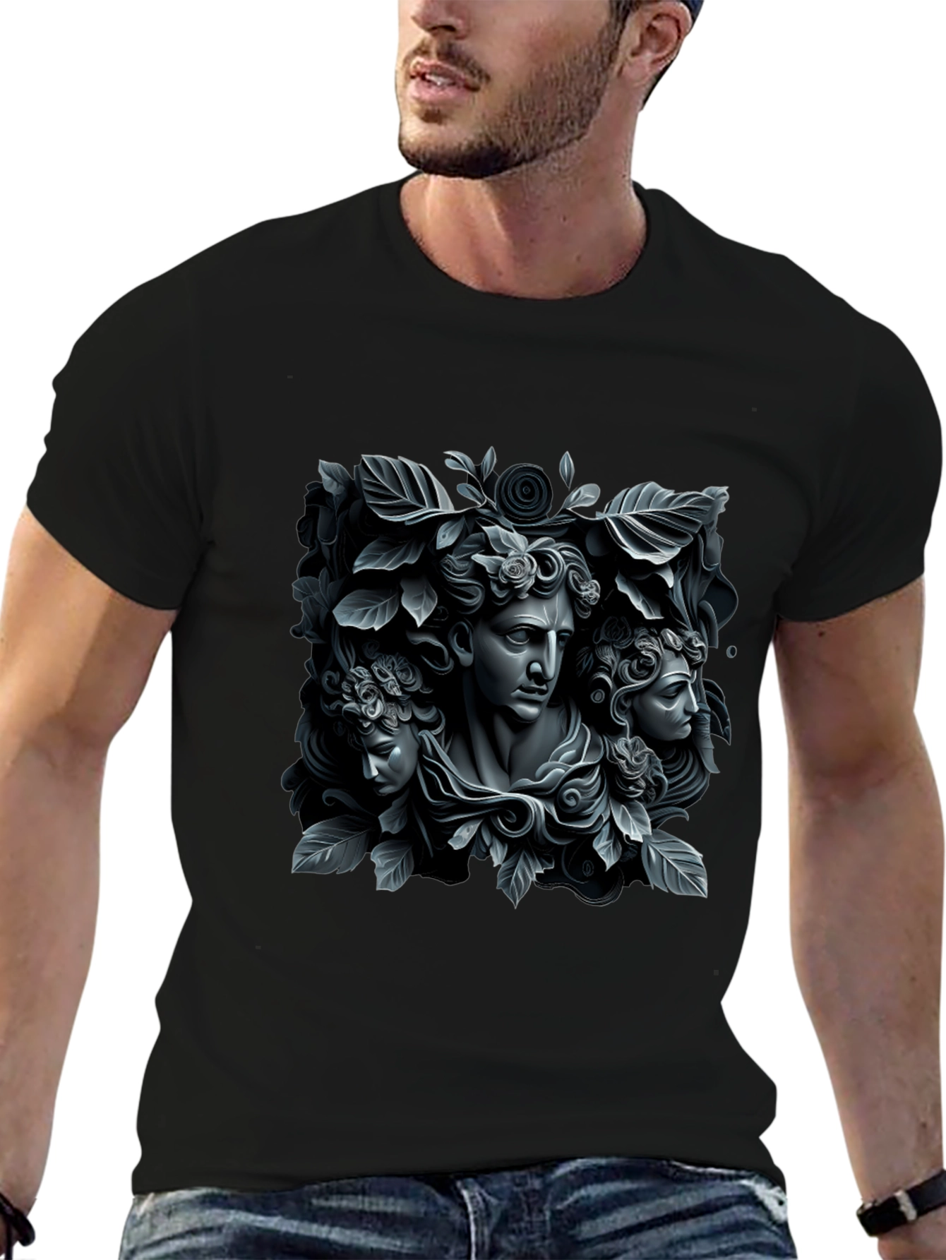 Black Ancient Art Tee: Floral Statue T-Shirt view 6