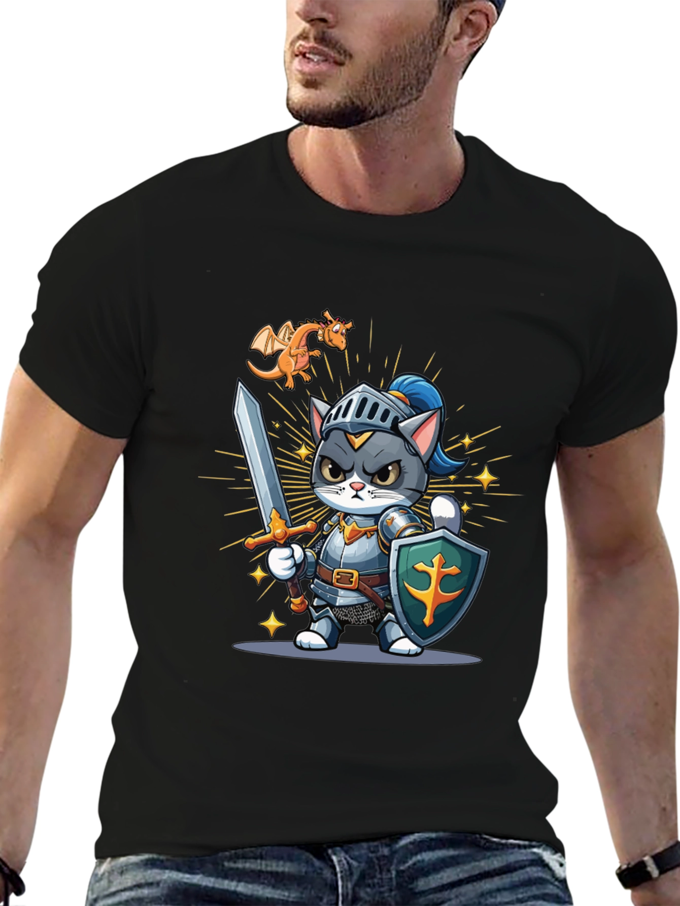 Black Cat Knight T-Shirt: Cartoon Medieval Warrior Tee view 6