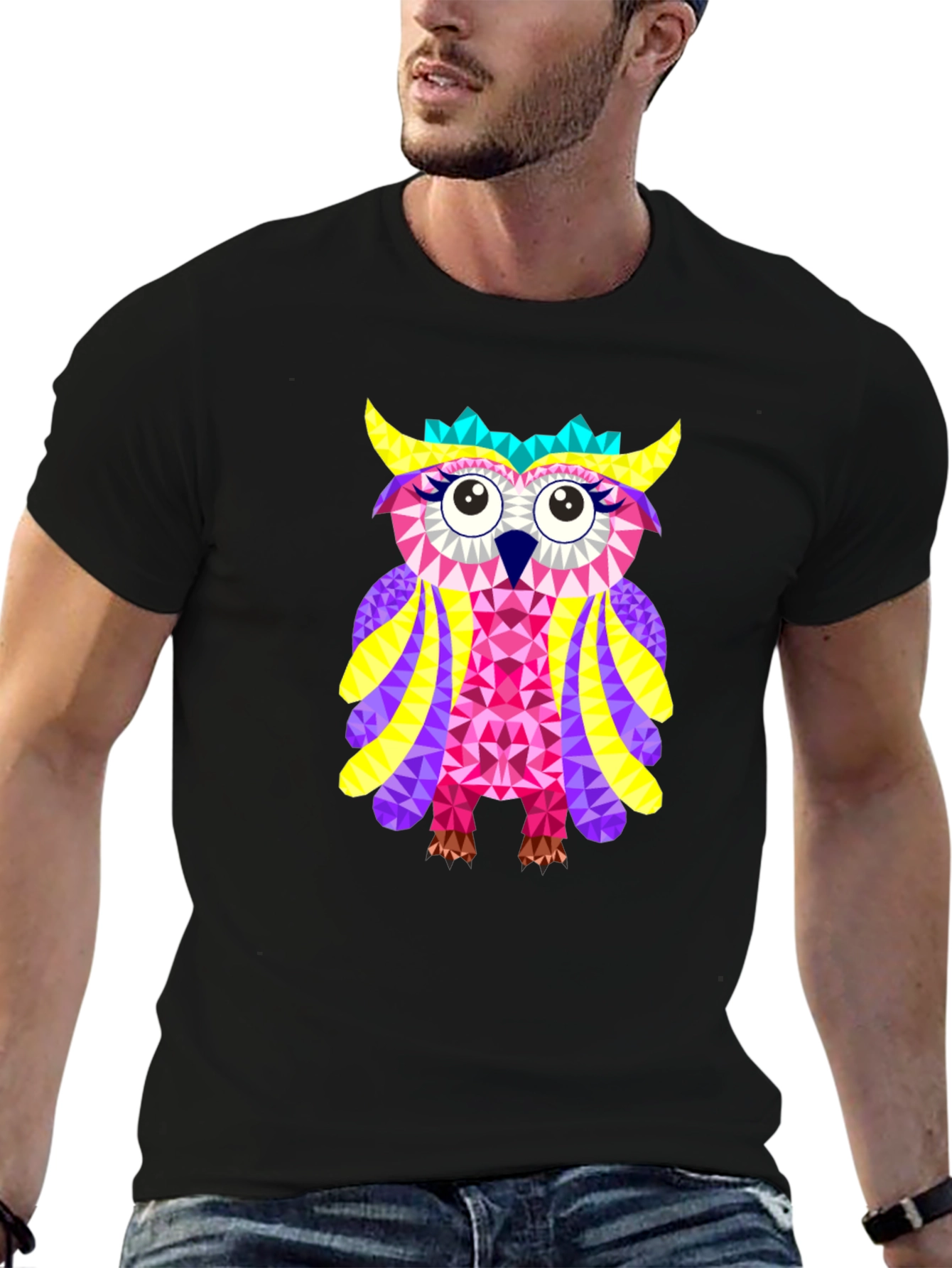 Black Geometric Owl Graphic Tee - Black Cotton Blend view 6