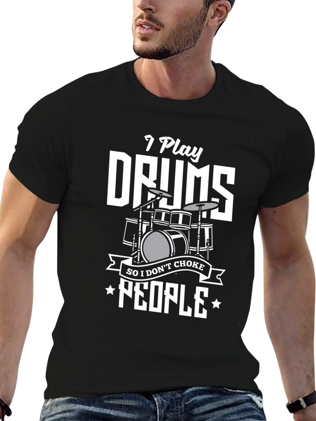 Black I Play Drums T-Shirt: Funny Musician Tee view 6