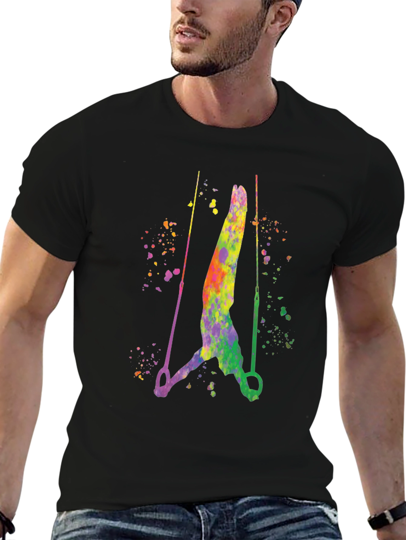 Black Gymnast Rings Watercolor Graphic Black T-Shirt view 6