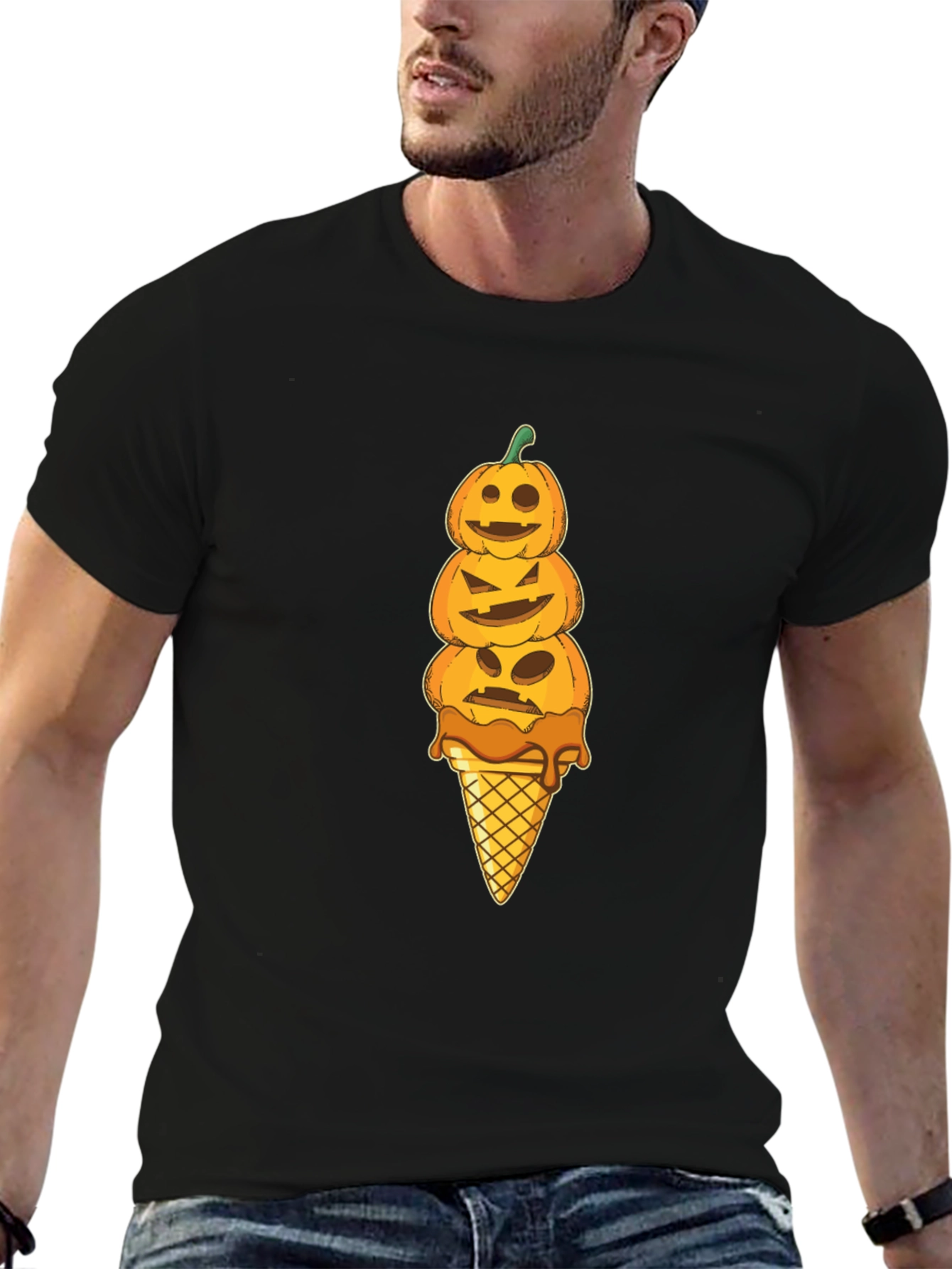 Black Pumpkin Ice Cream Cone Halloween T-Shirt view 6