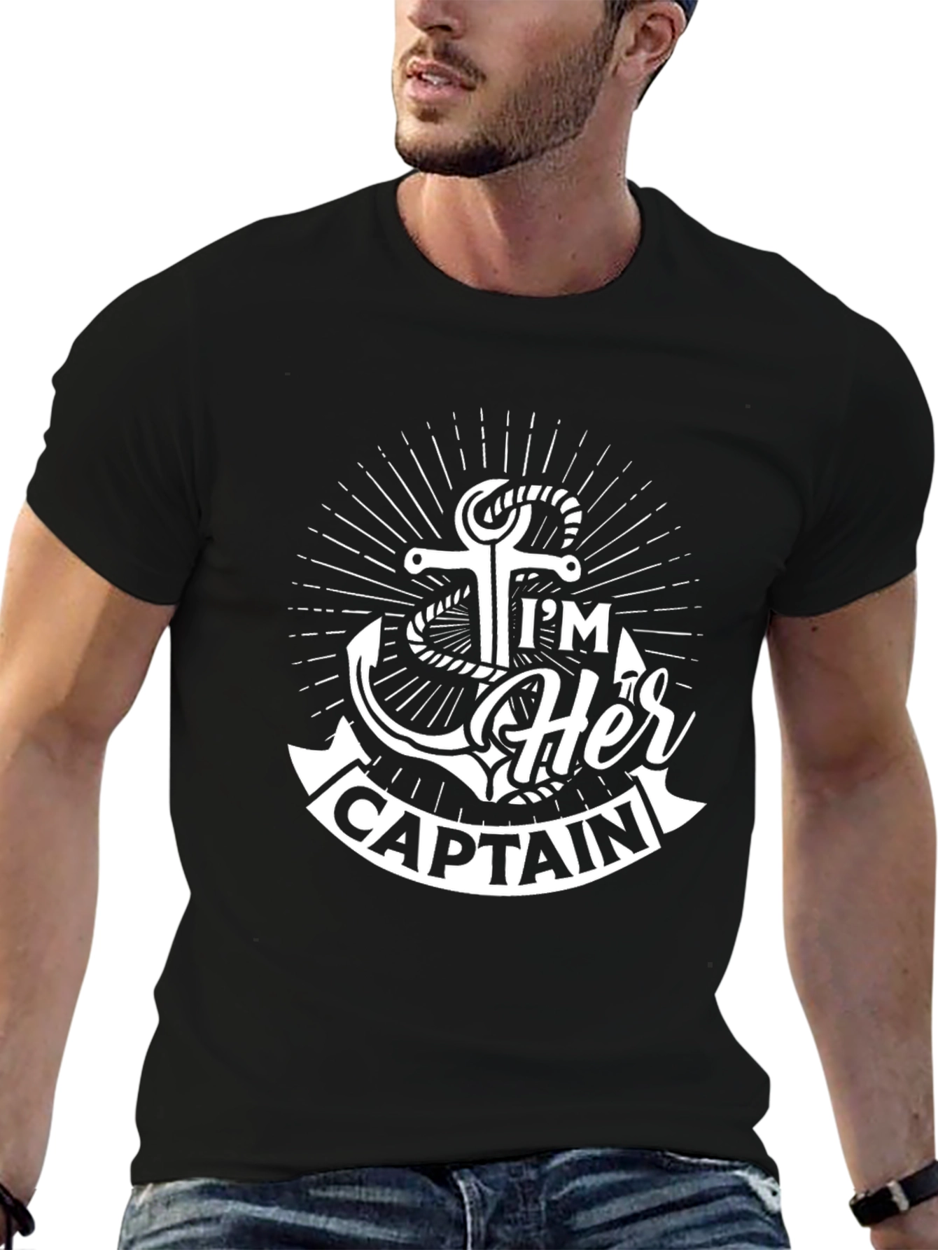 Black I'm Her Captain T-Shirt: Nautical Anchor Design view 6
